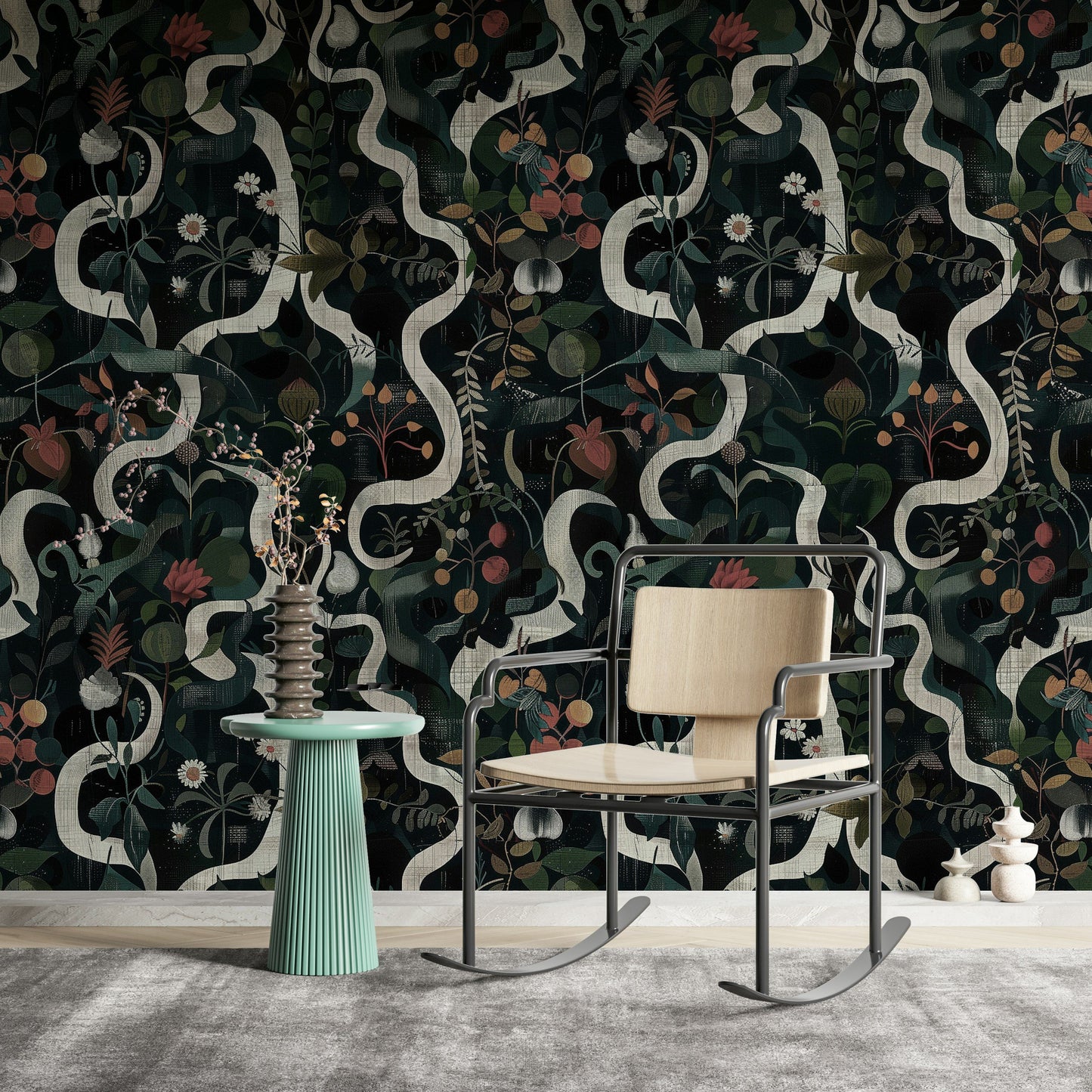 Botanical Floral Wallpaper - Dark Background Elegant Roll