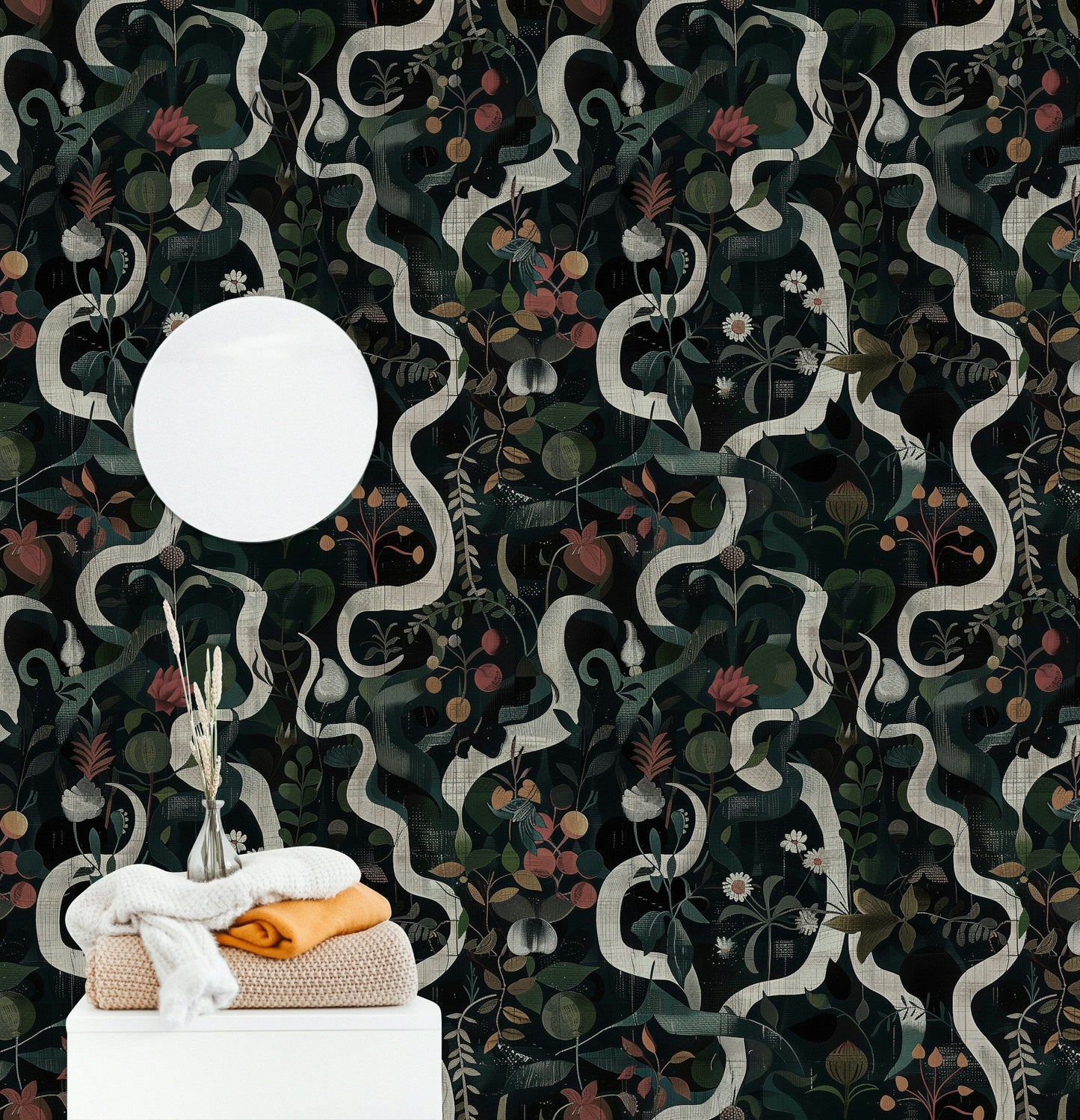 Botanical Floral Wallpaper - Dark Background Elegant Roll