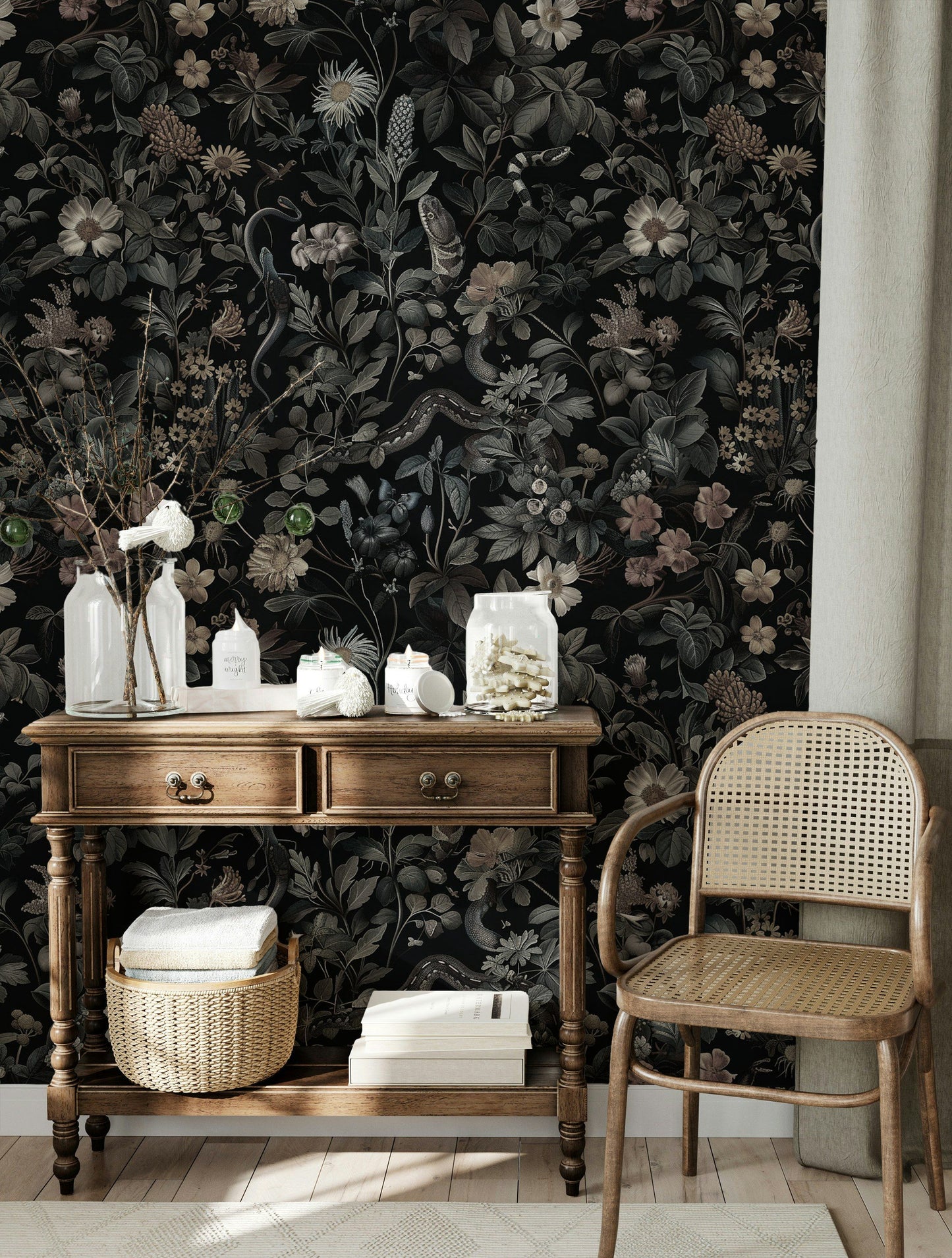 Dark Moody Floral Wallpaper Lush Overgrown Pattern Art