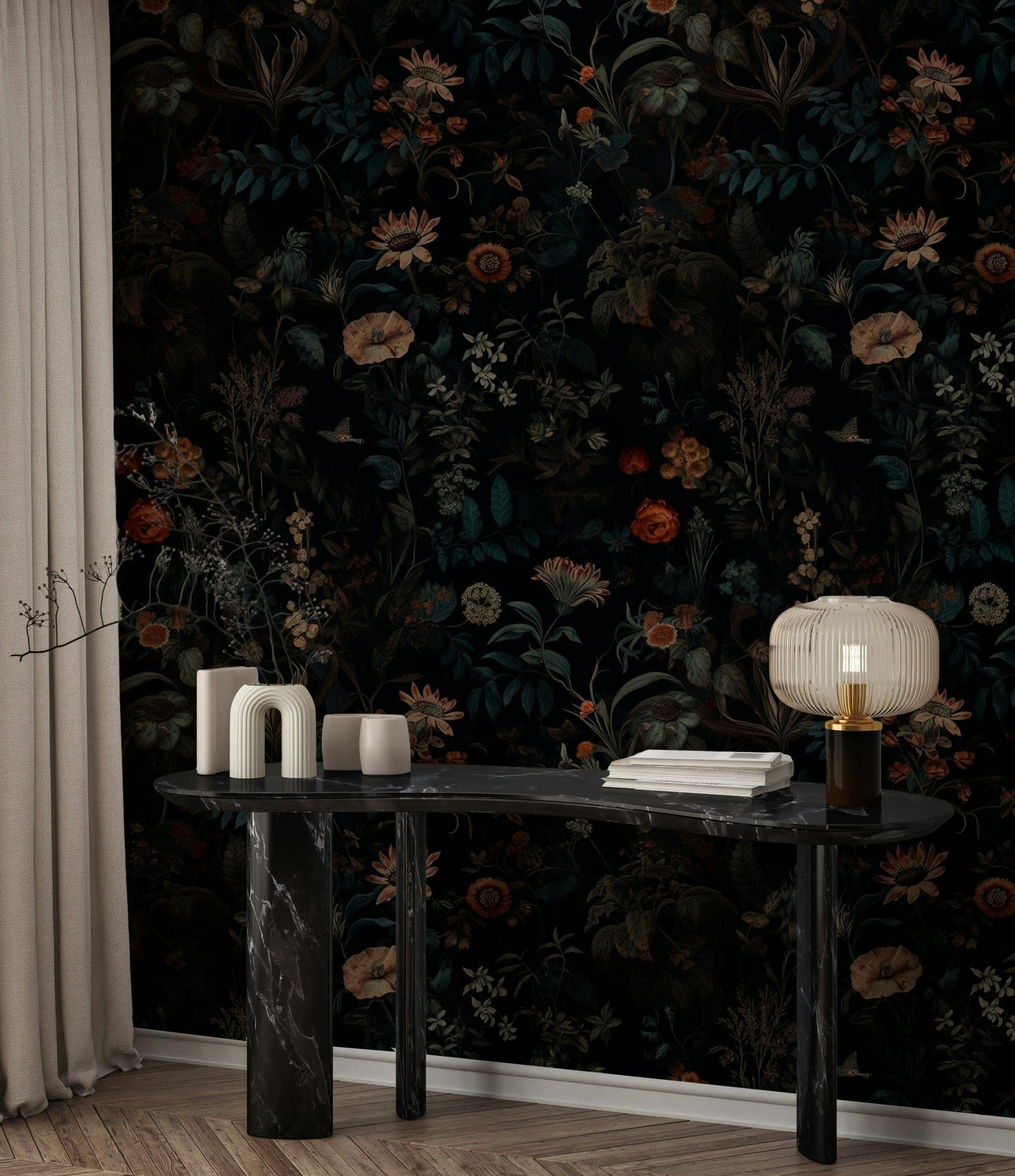 Elegant Botanical Wallpaper Dark Background Floral Roll