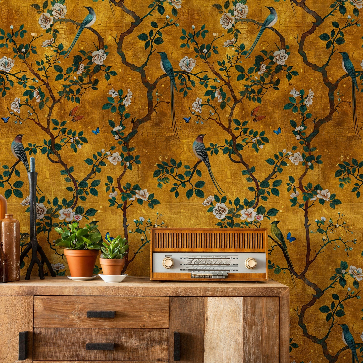 Golden Botanical Bird Wallpaper - Vintage Floral Decor
