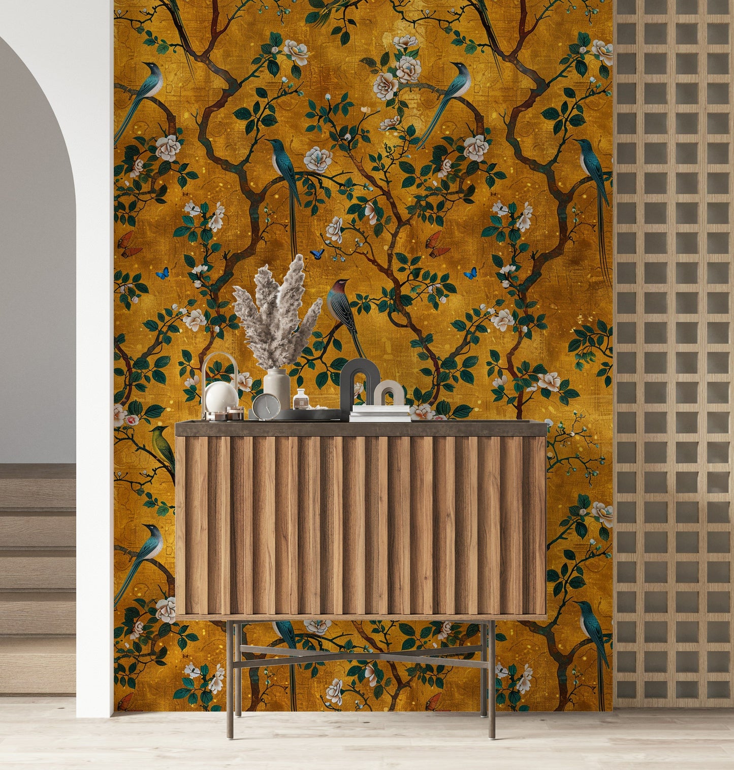 Golden Botanical Bird Wallpaper - Vintage Floral Decor