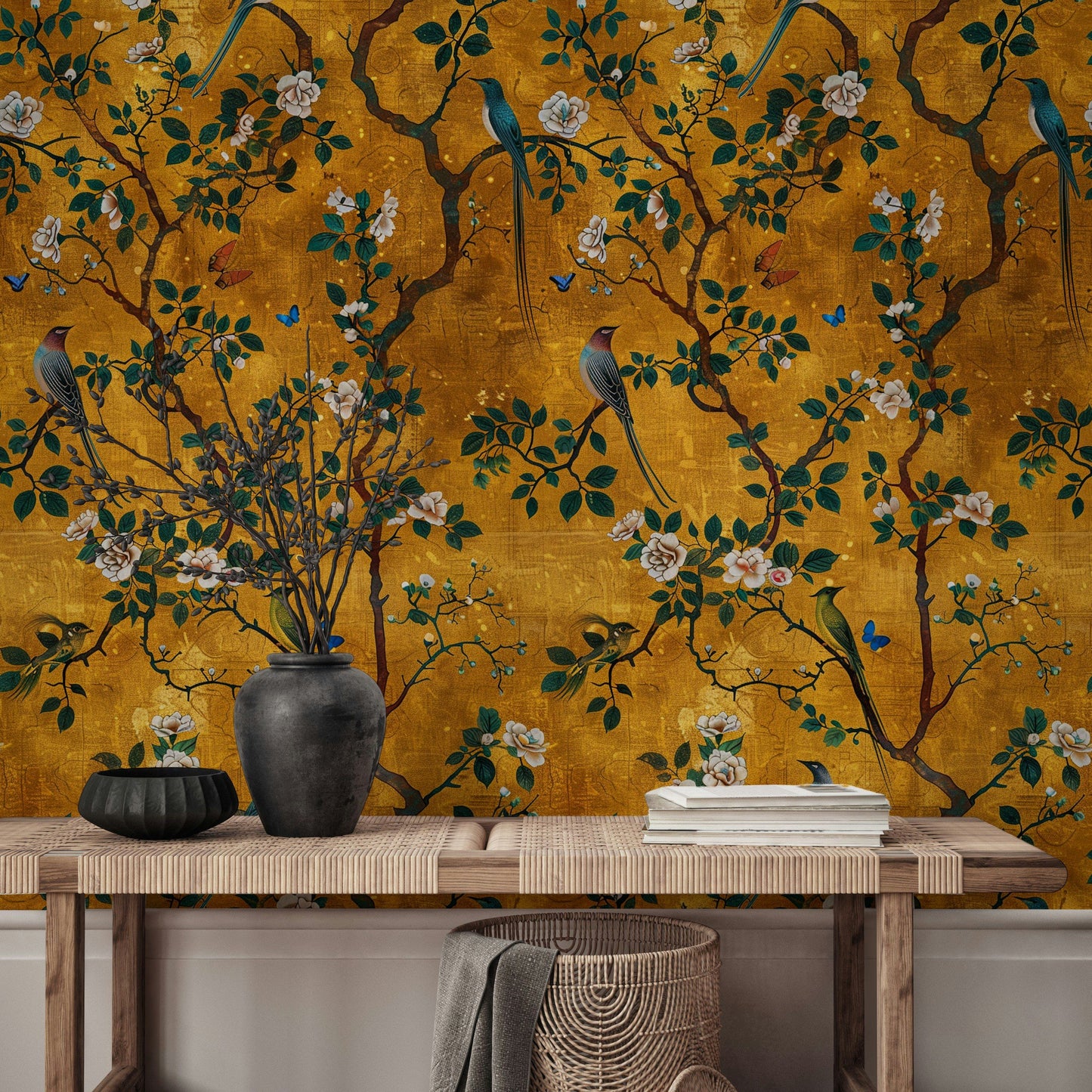 Golden Botanical Bird Wallpaper - Vintage Floral Decor