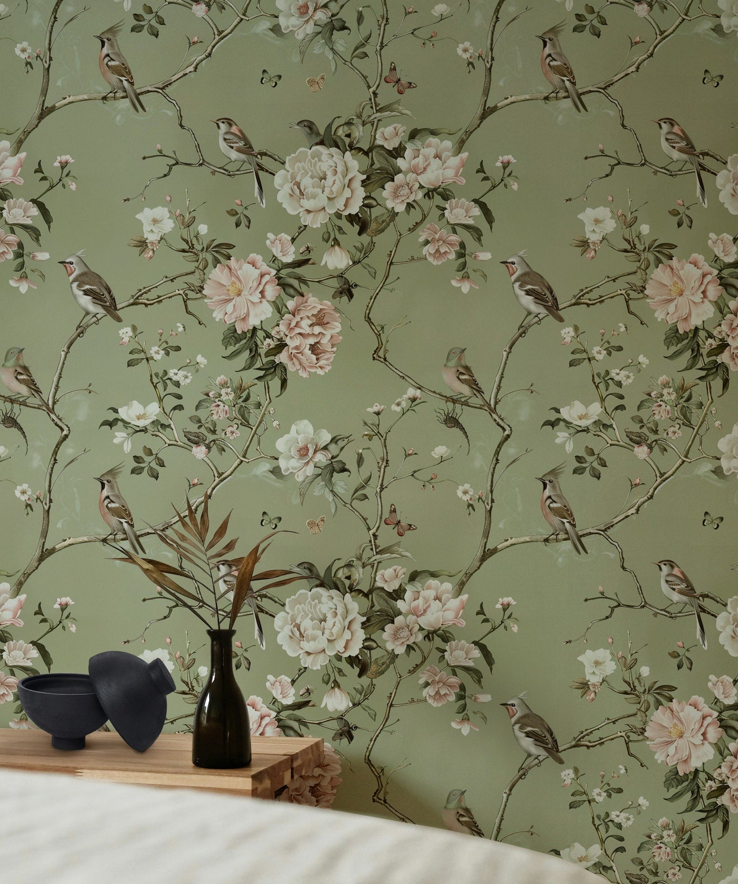 Soft Green Botanical Bird Wallpaper - Vintage Floral Art