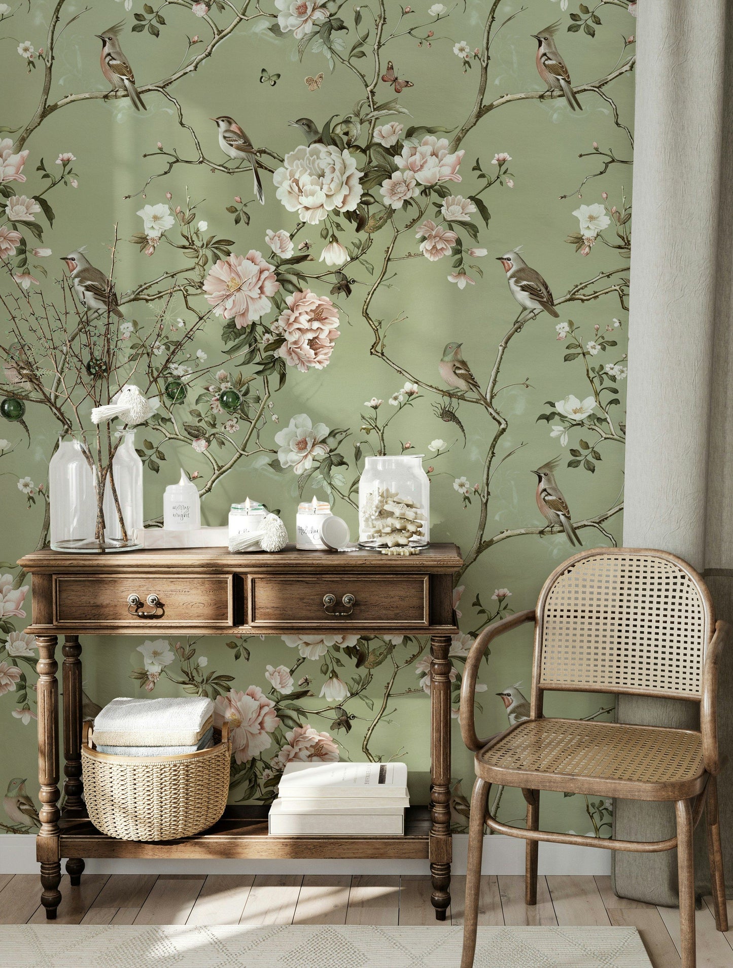 Soft Green Botanical Bird Wallpaper - Vintage Floral Art