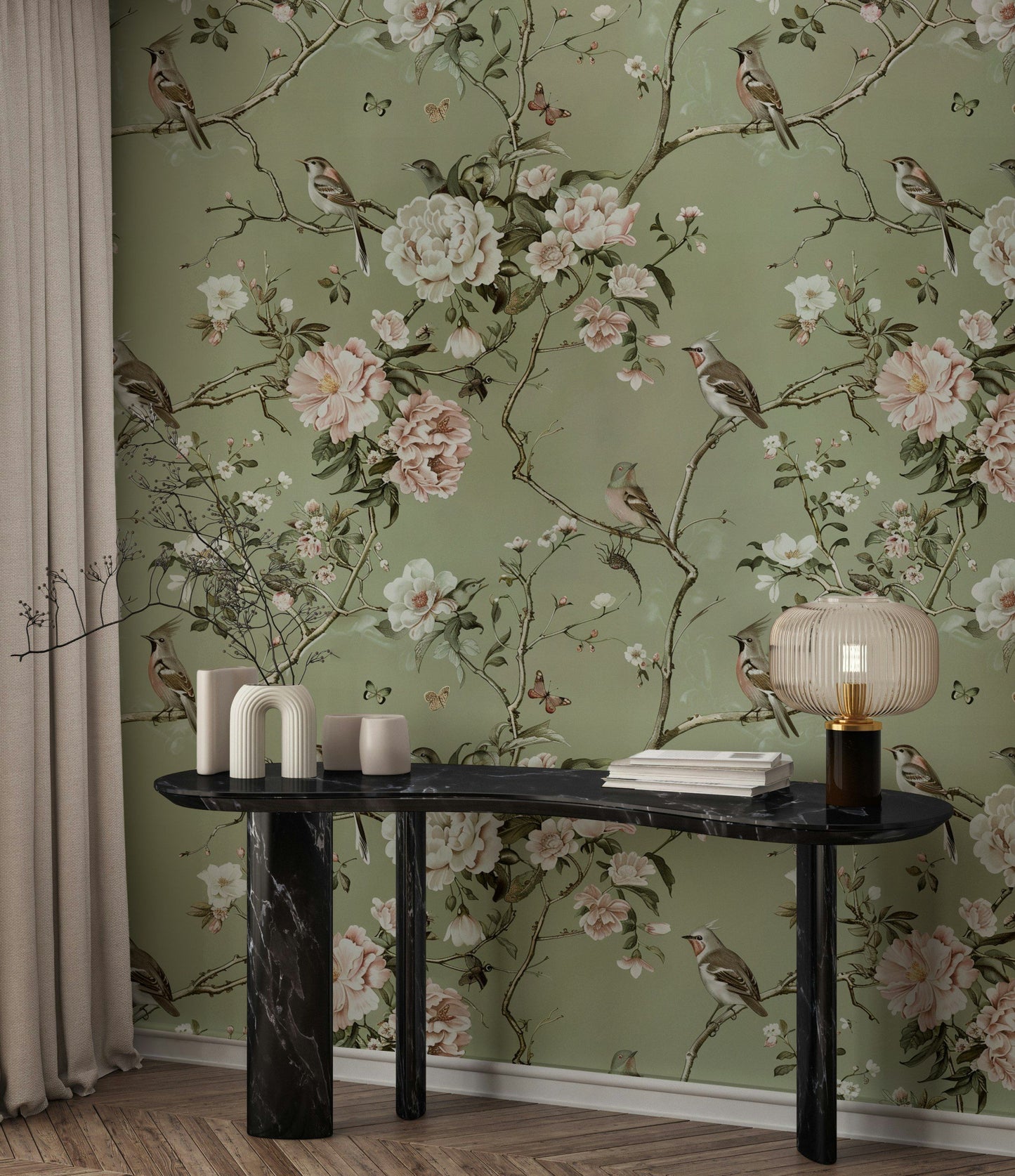Soft Green Botanical Bird Wallpaper - Vintage Floral Art