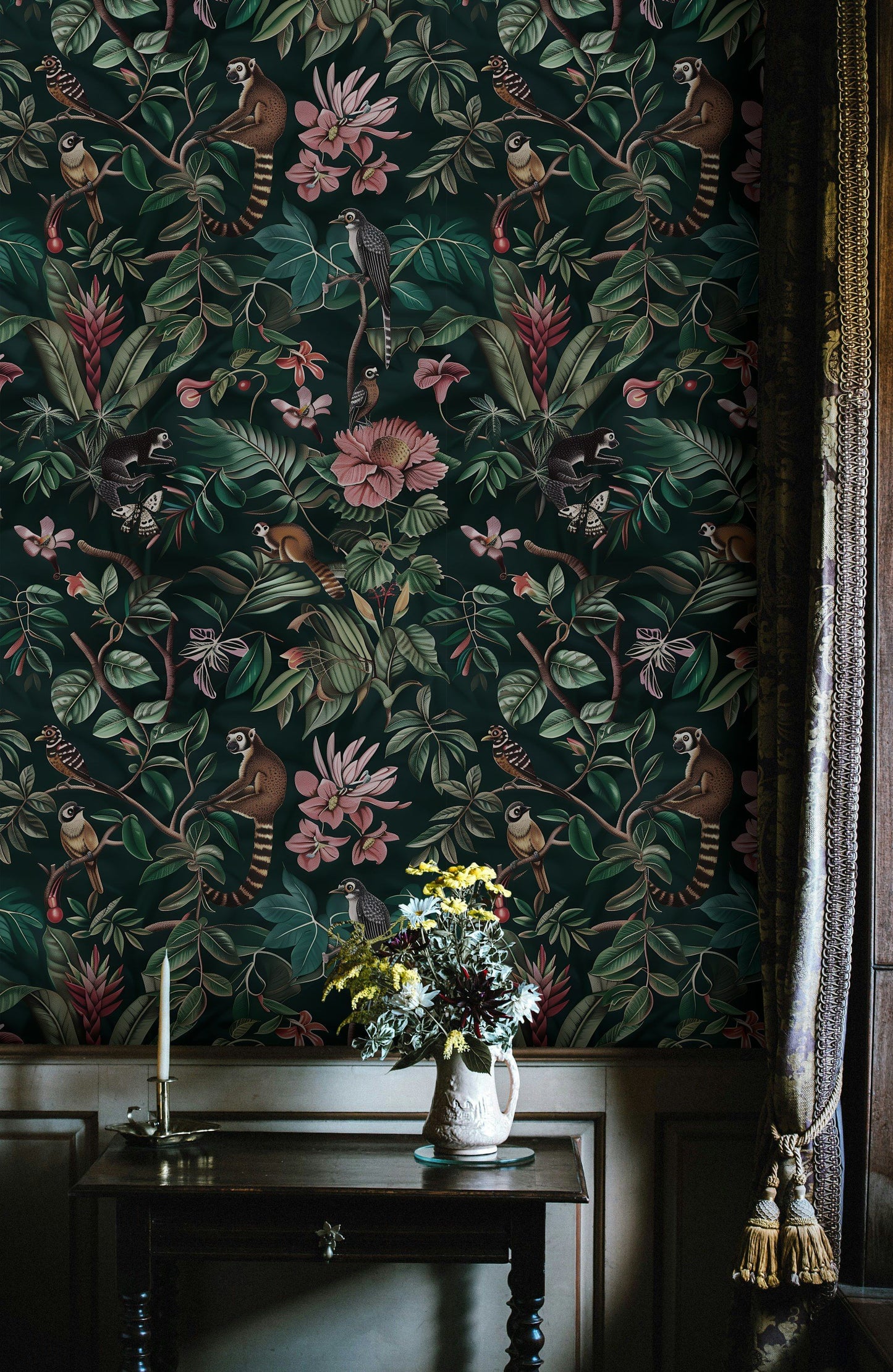 Dark Botanical Jungle Wallpaper Exotic Animal Flowers Mural