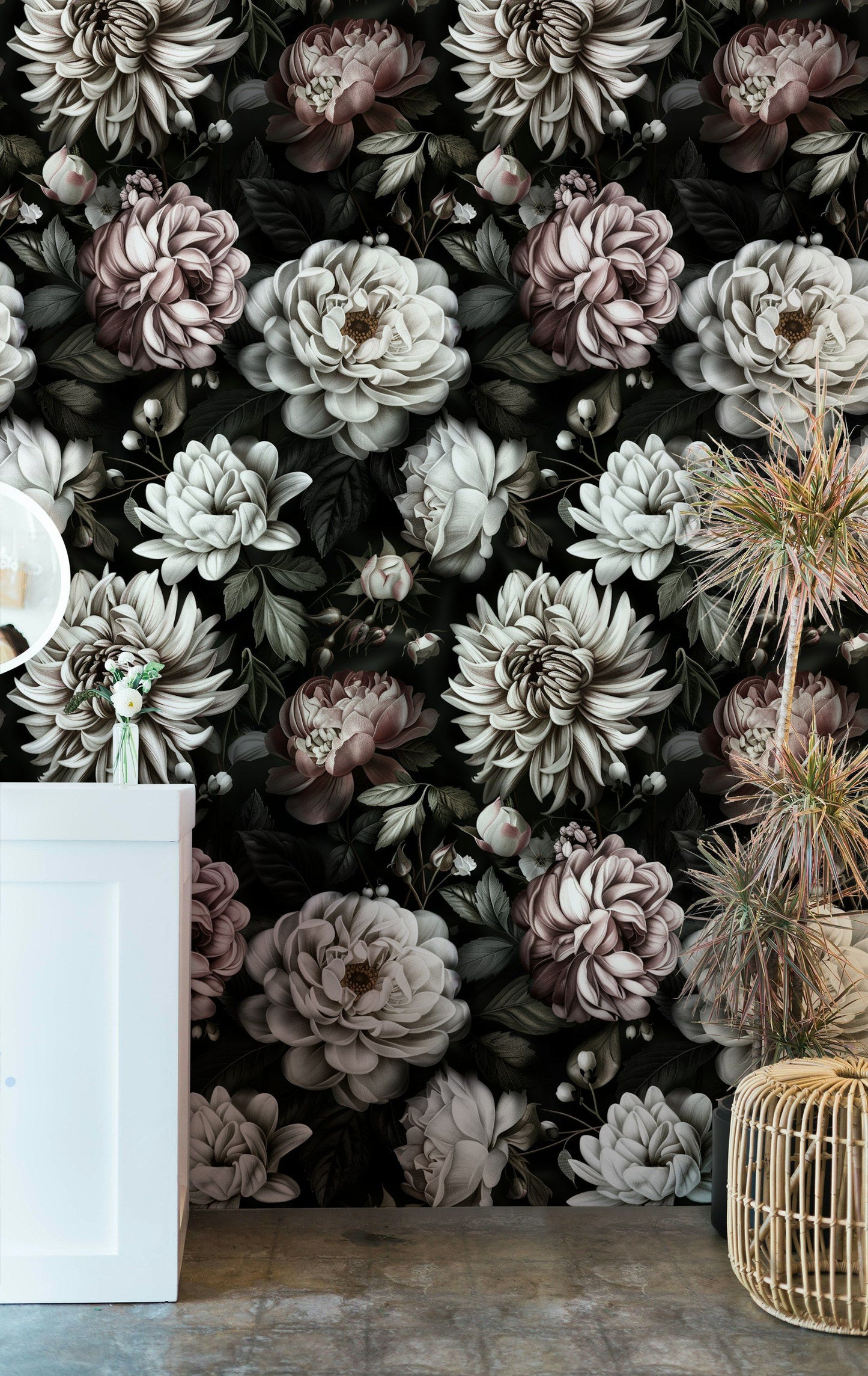 Dark Elegant Floral Wallpaper Cream Flower Roll