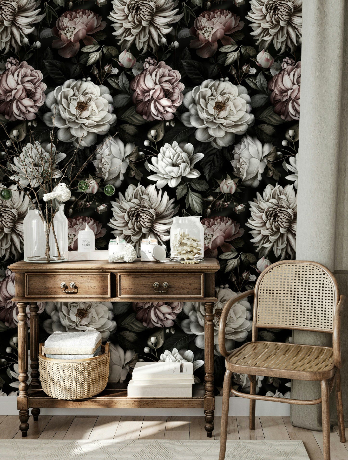 Dark Elegant Floral Wallpaper Cream Flower Roll