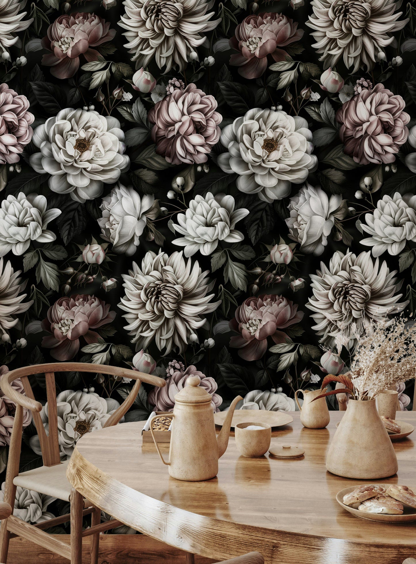 Dark Elegant Floral Wallpaper Cream Flower Roll
