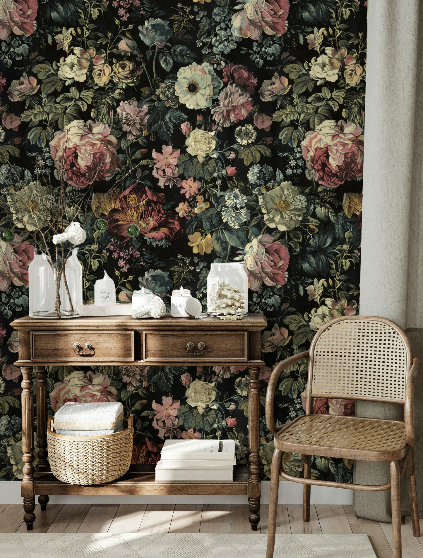 Dark Vintage Floral Wallpaper Vibrant Flowers Wall Mural