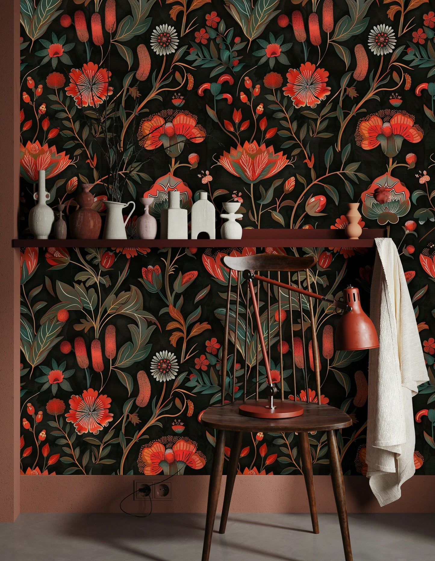 Bold Dark Red Floral Wallpaper Red and Orange Flowers