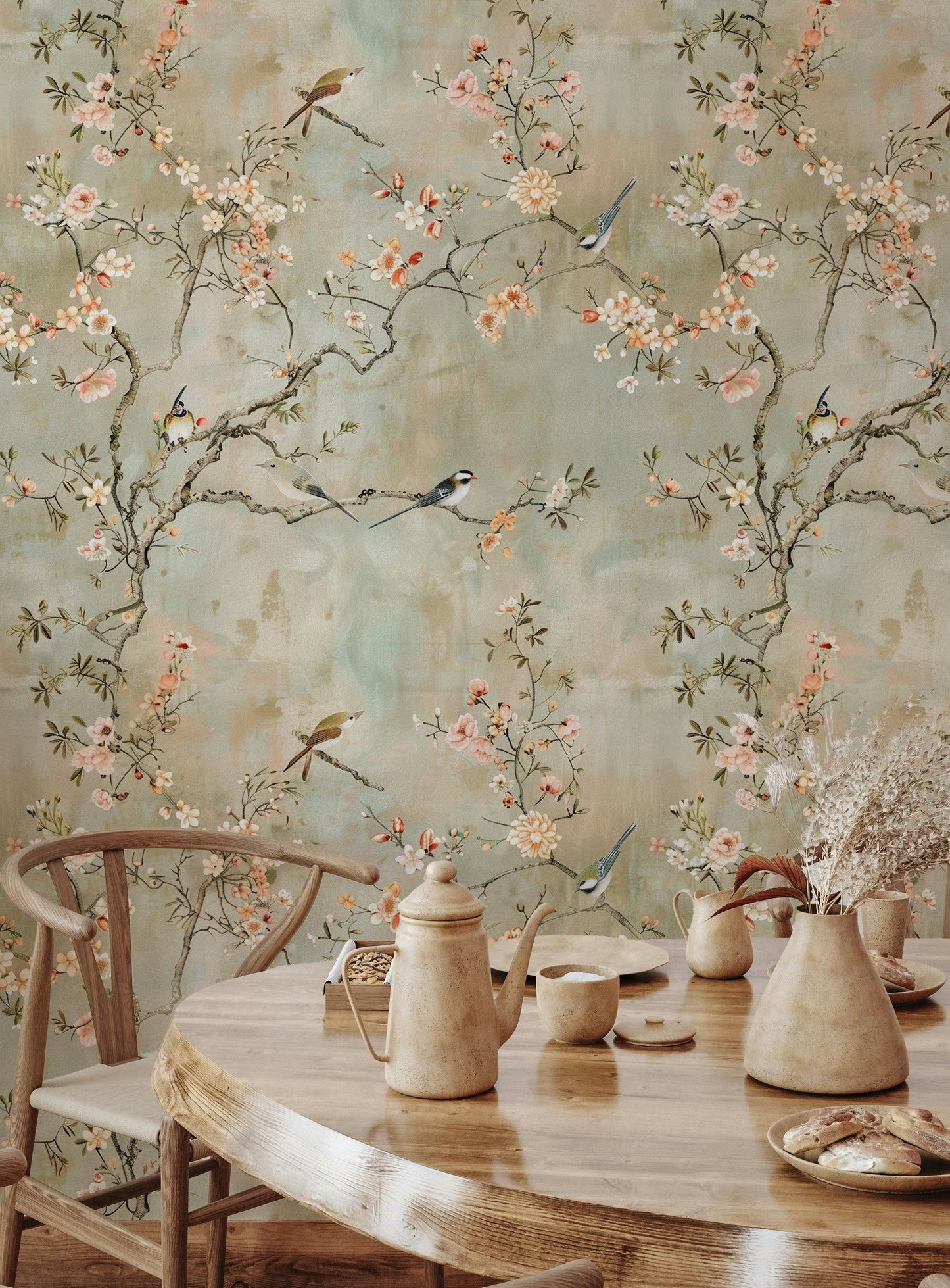Cherry Blossom Wallpaper Chinoiserie Bird Flowers Wall Mural