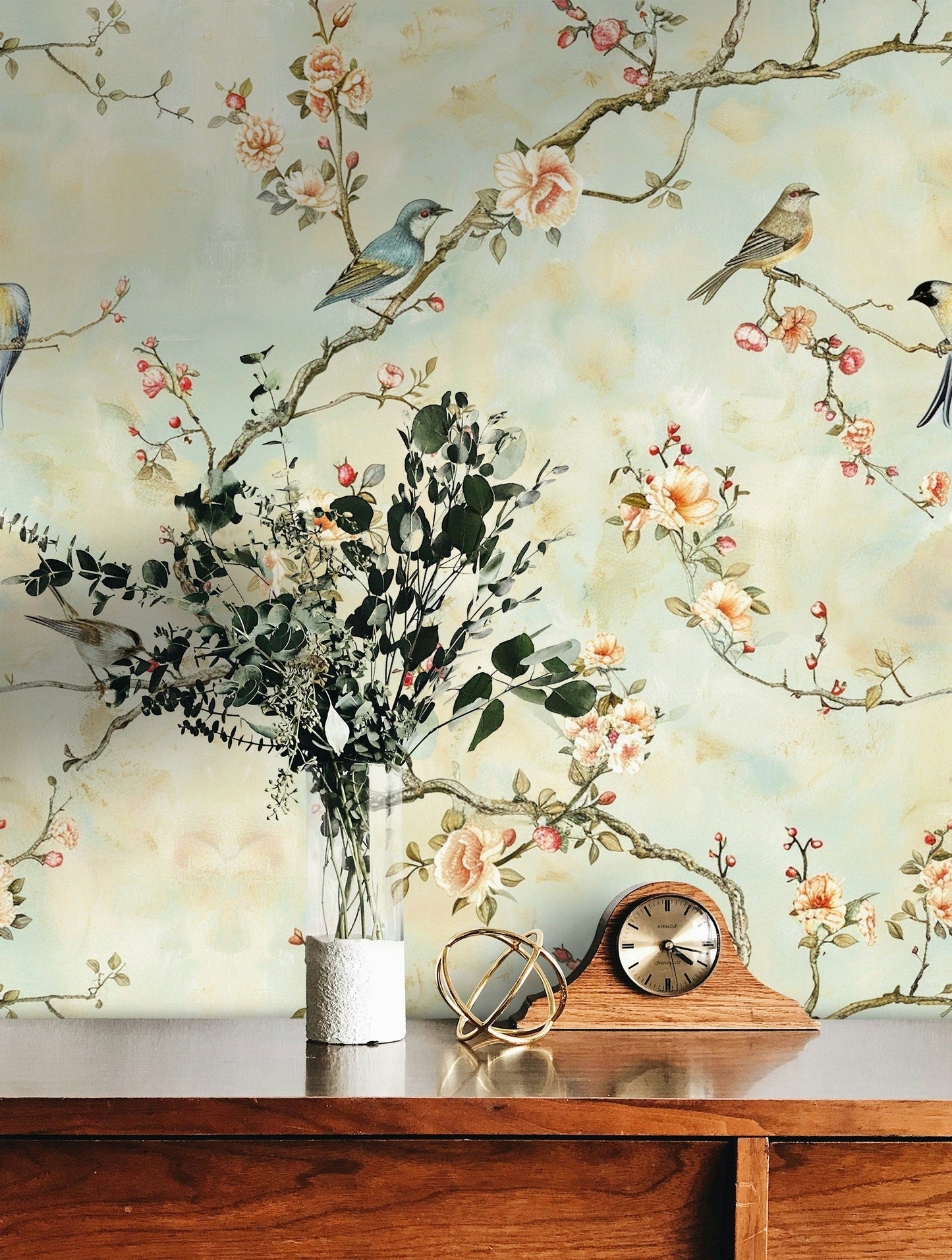 Elegant Bird and Floral Wallpaper Soft Pastel Background