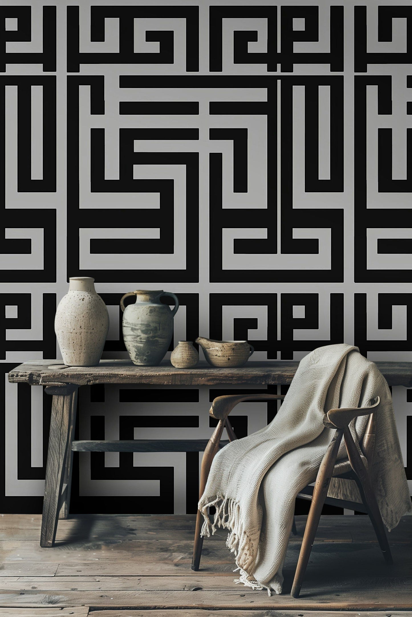 Modern Geometric Maze Pattern Wallpaper Black Wall Mural