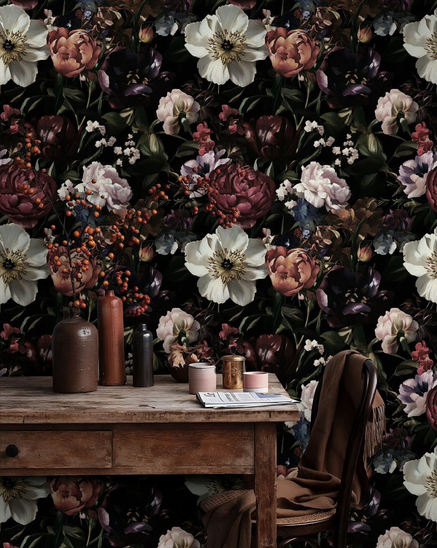 Vintage Floral Wallpaper Dark Tones Romantic Flower Pattern