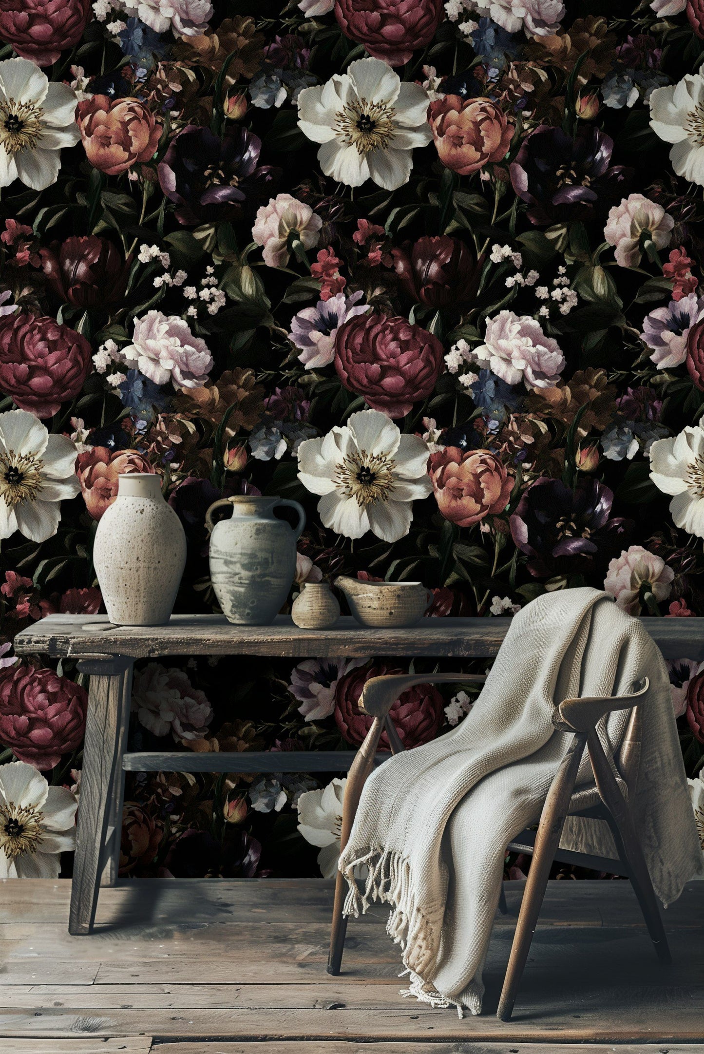 Vintage Floral Wallpaper Dark Tones Romantic Flower Pattern