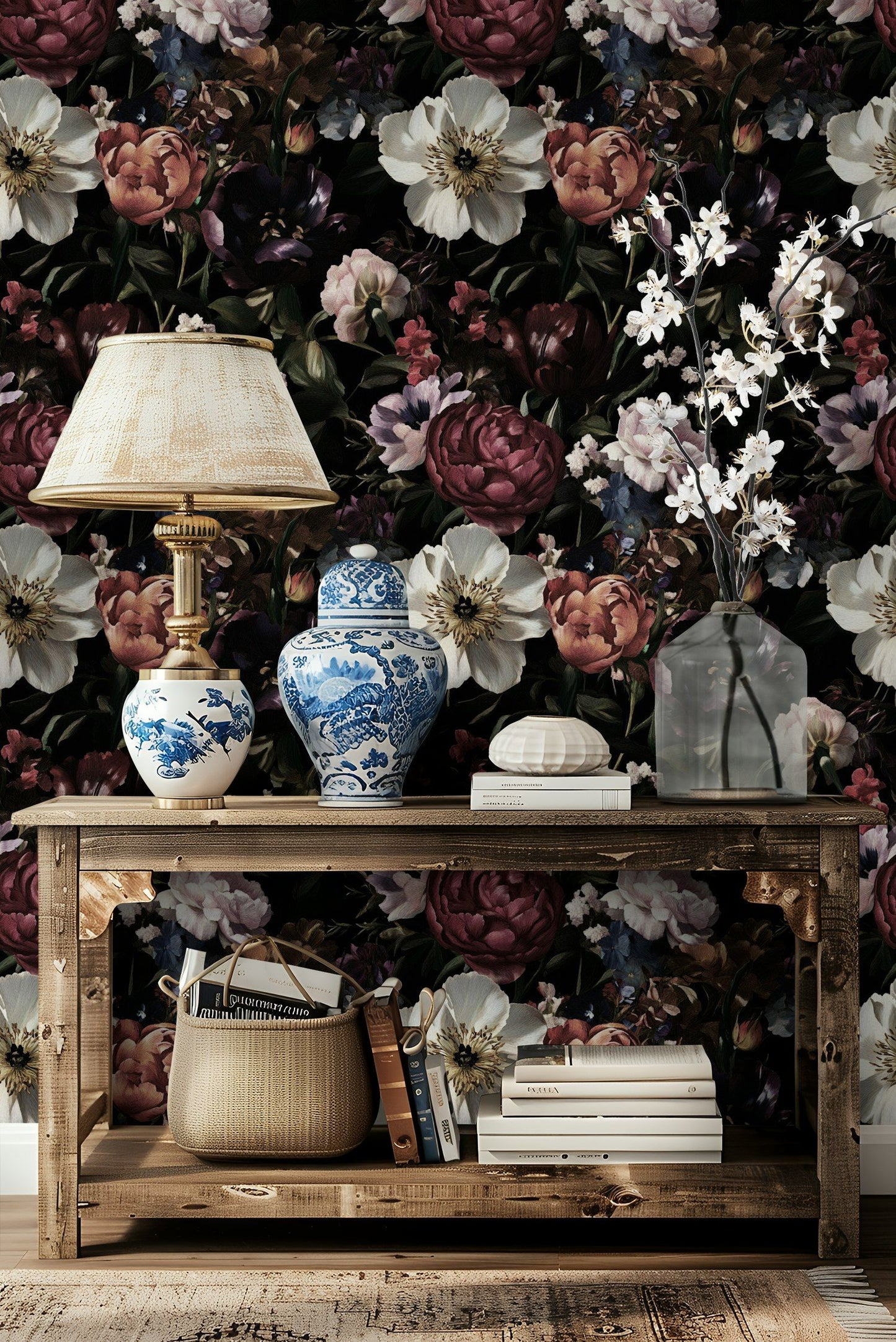 Vintage Floral Wallpaper Dark Tones Romantic Flower Pattern