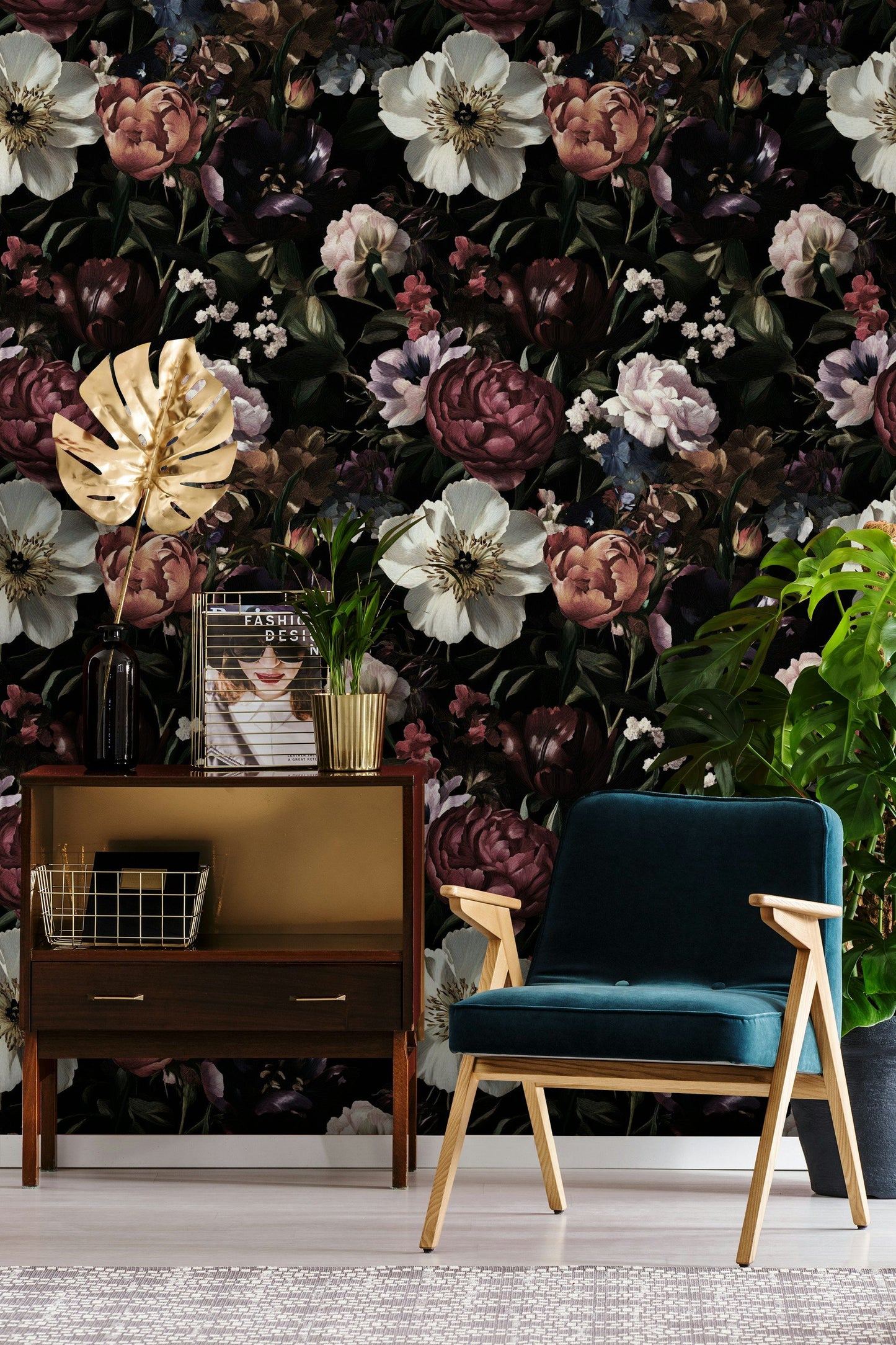 Vintage Floral Wallpaper Dark Tones Romantic Flower Pattern