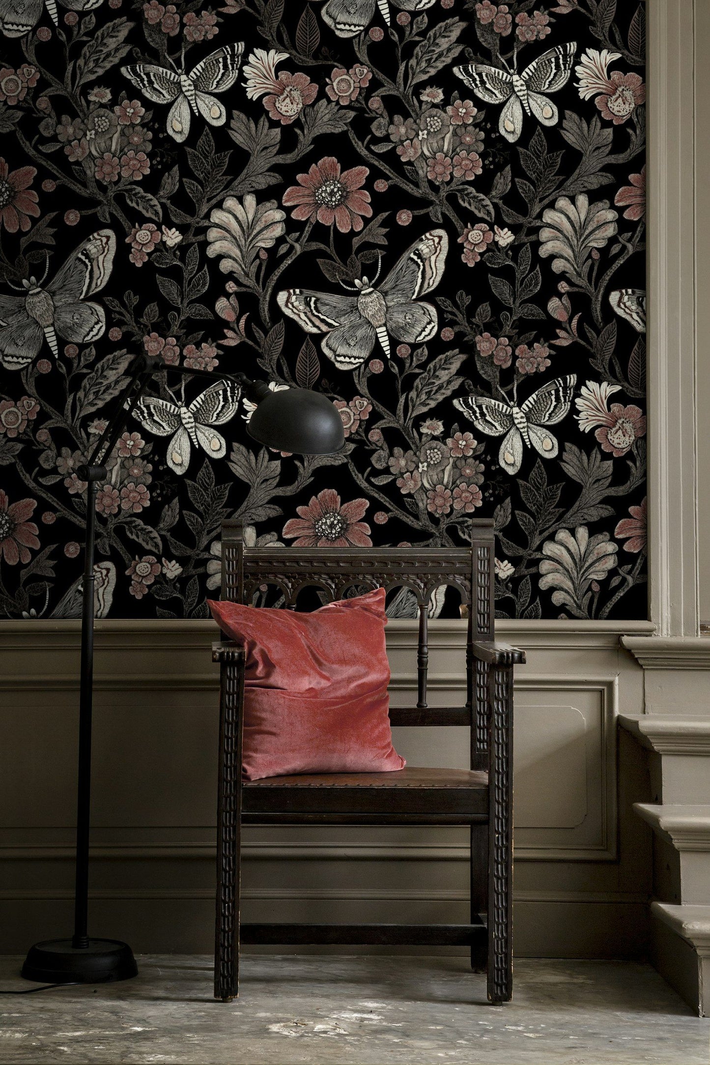 Vintage Moth and Floral Pattern Wallpaper Design