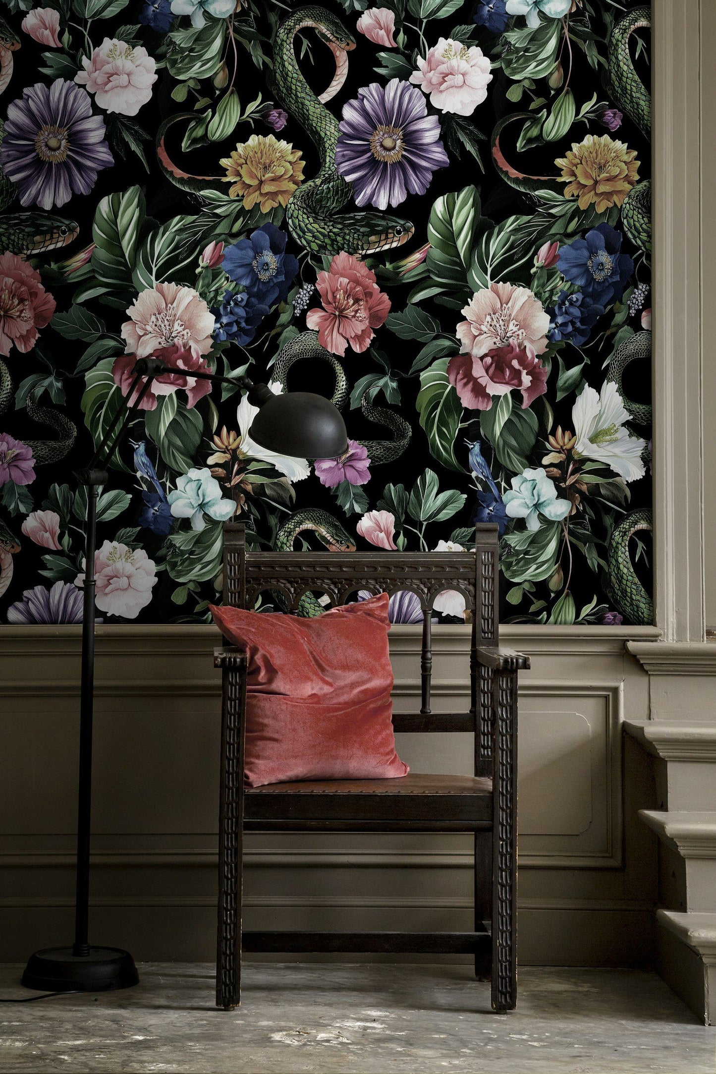 Dark Botanical Snake and Flower Wallpaper Gothic Wall Mural