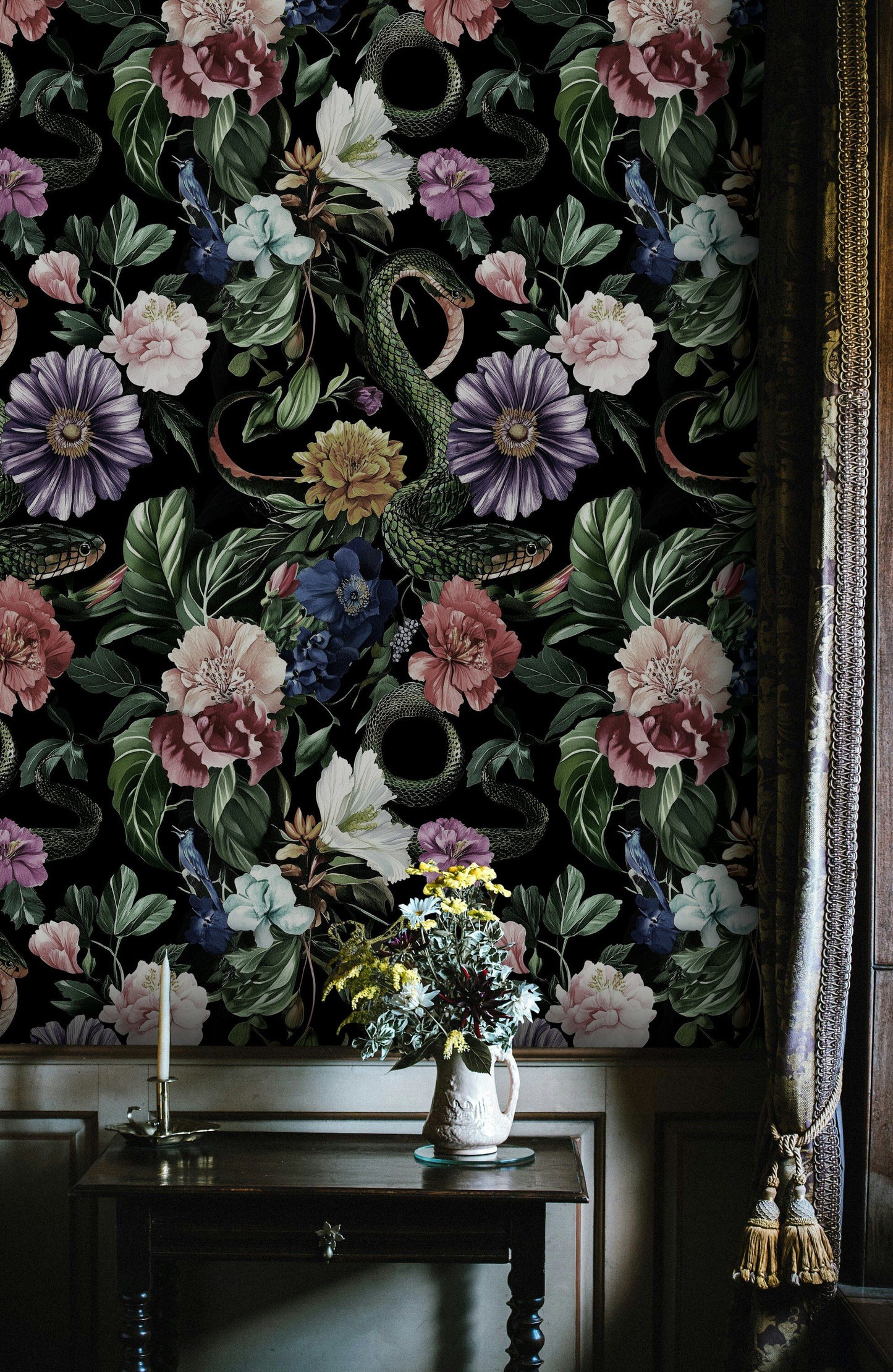 Dark Botanical Snake and Flower Wallpaper Gothic Wall Mural