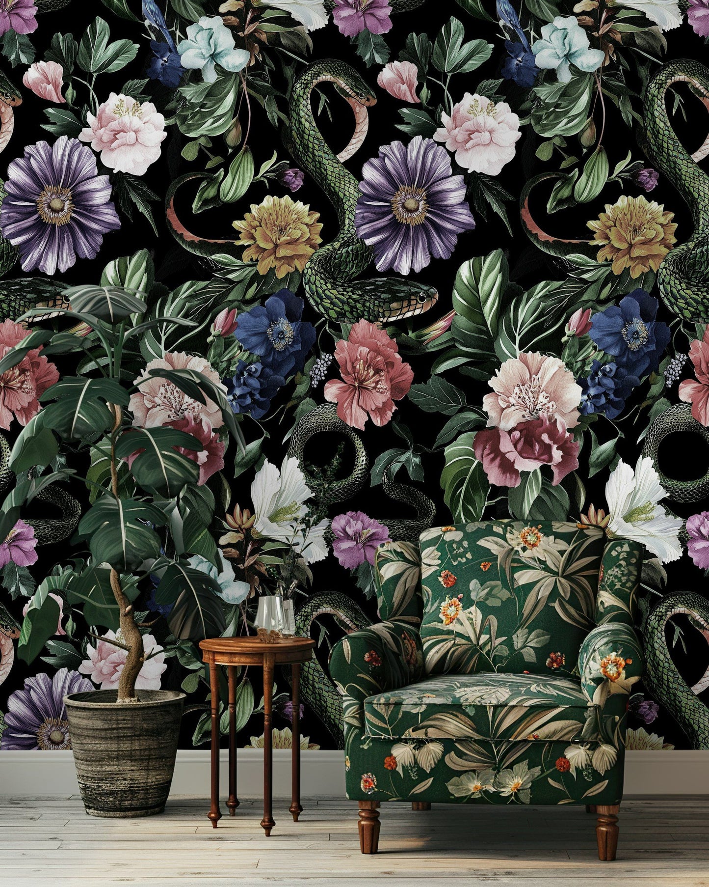 Dark Botanical Snake and Flower Wallpaper Gothic Wall Mural