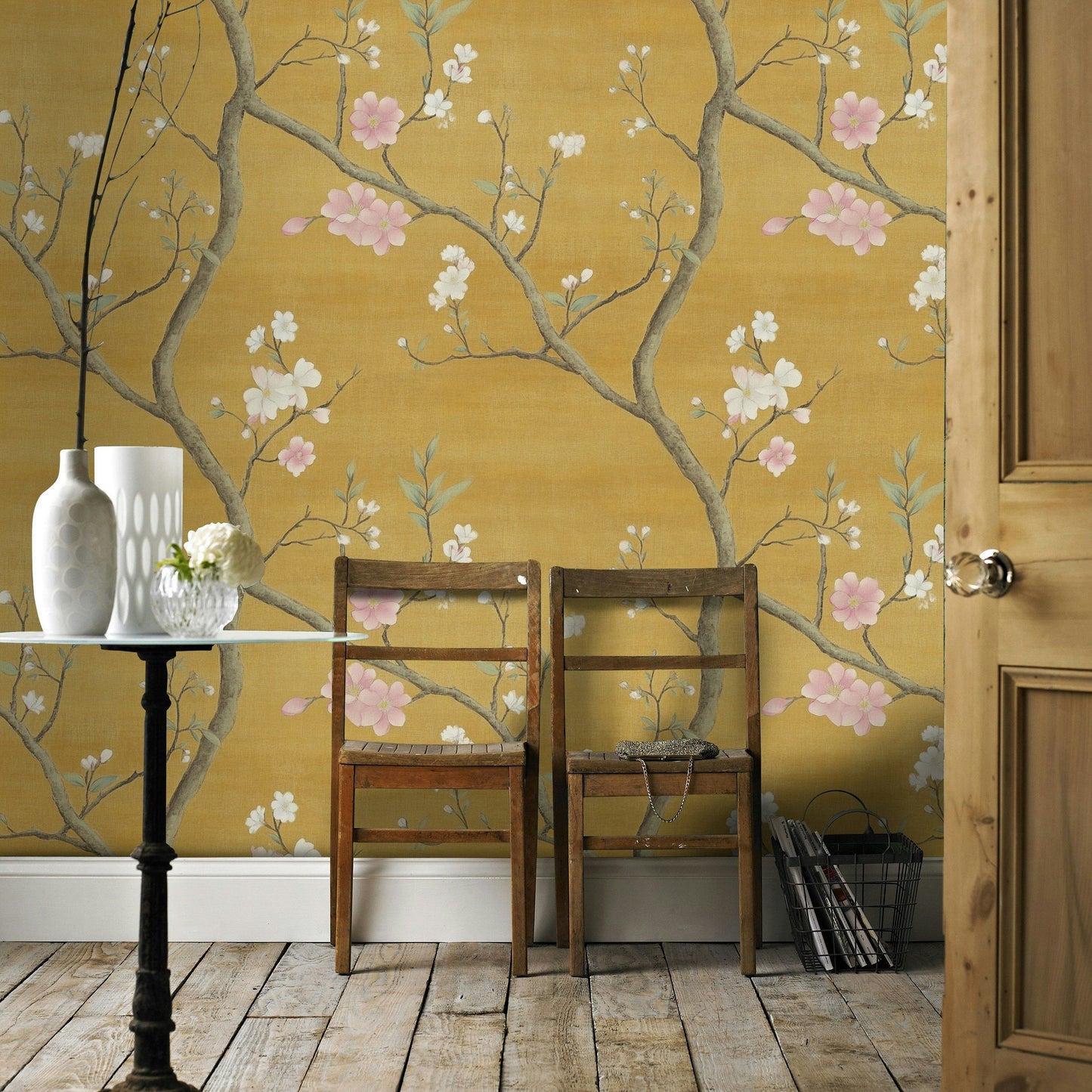 Chinoiserie Floral Wallpaper Yellow Background Wall Decor