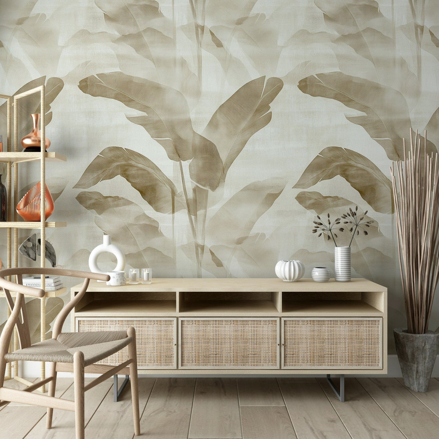 Tropical Banana Leaf Wallpaper Beige and White Wall Mural