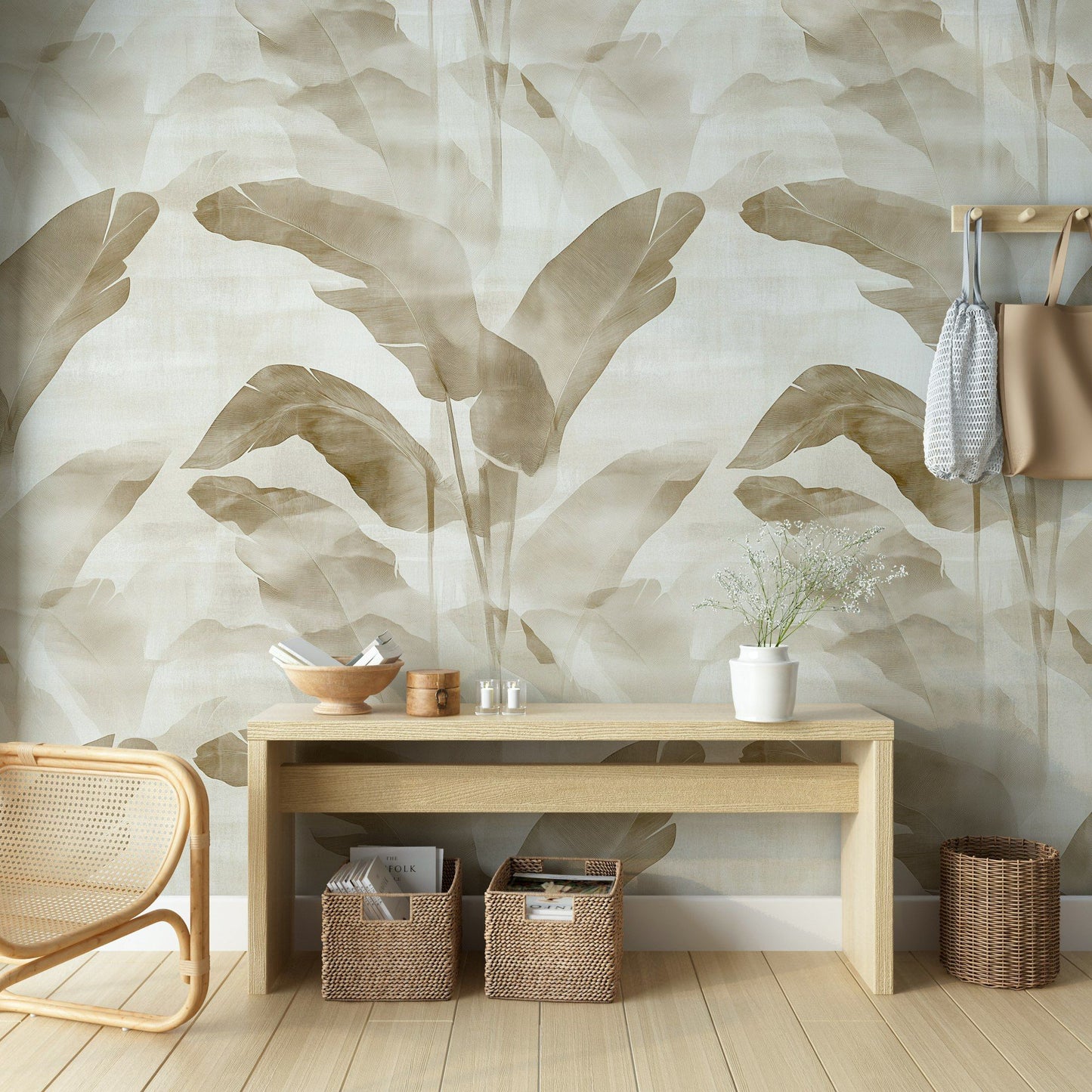 Tropical Banana Leaf Wallpaper Beige and White Wall Mural