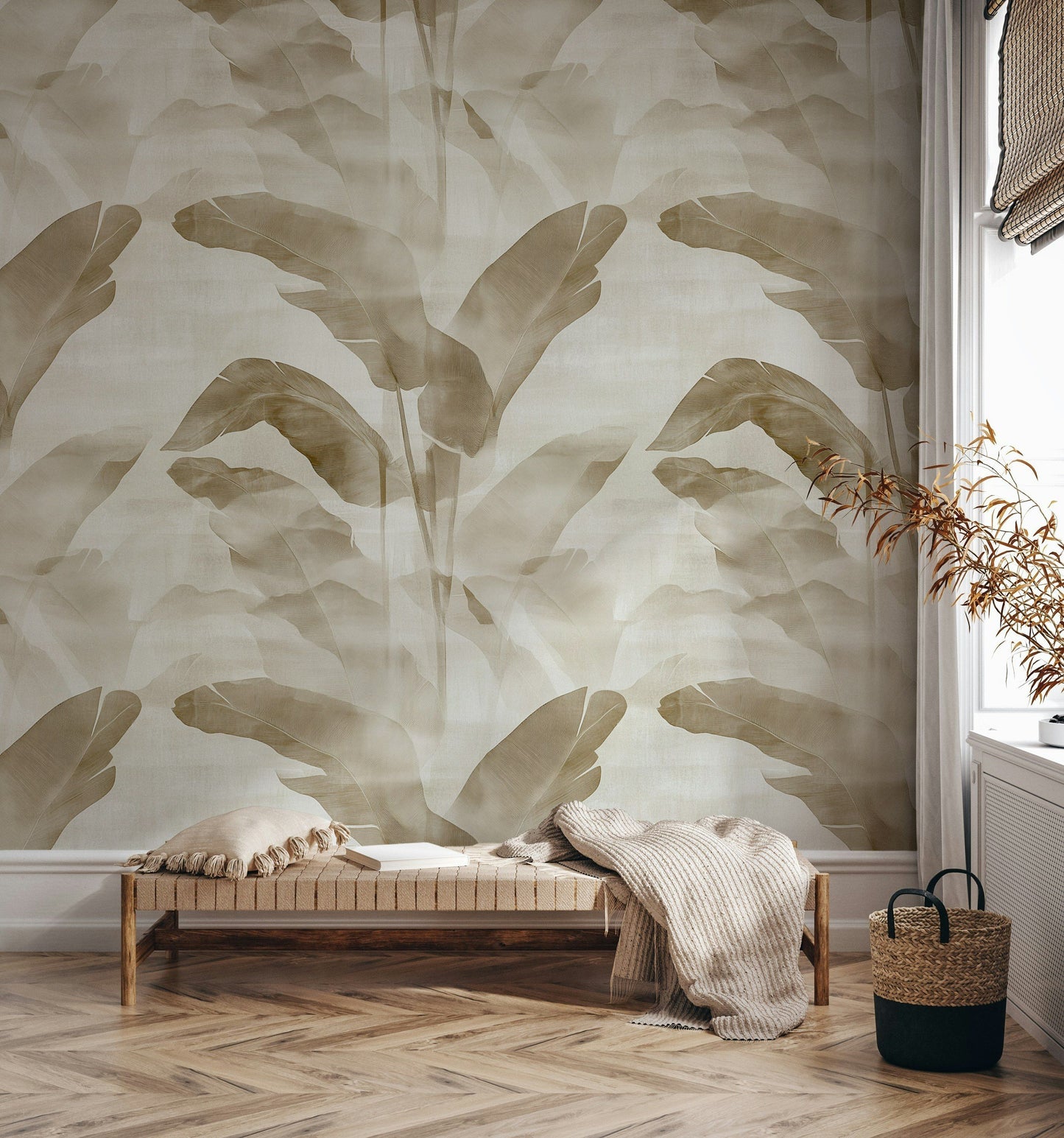 Tropical Banana Leaf Wallpaper Beige and White Wall Mural