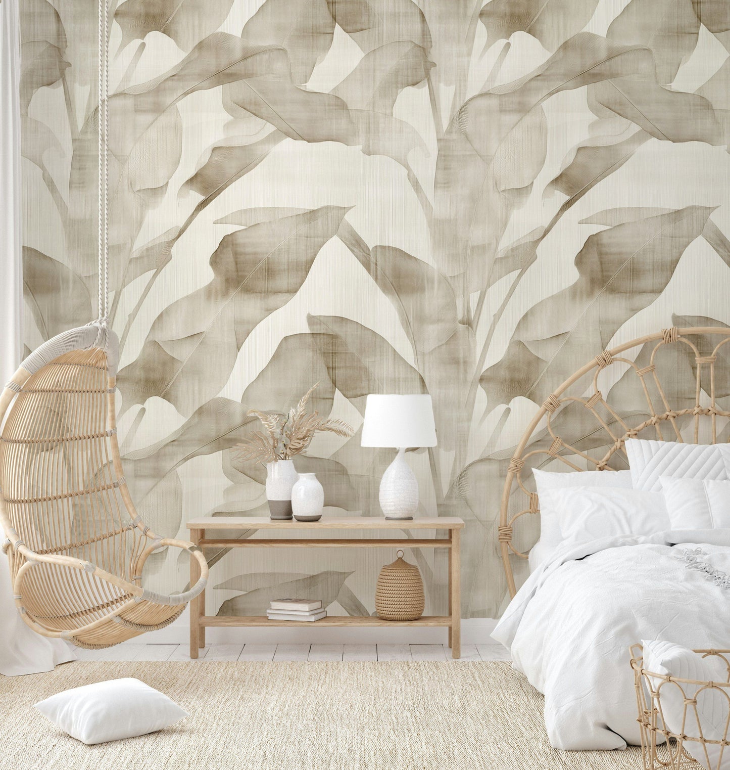 Subtle Banana Leaf Wallpaper Beige Monochrome Wall Mural