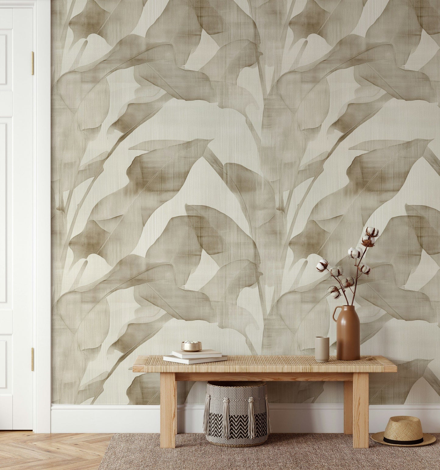 Subtle Banana Leaf Wallpaper Beige Monochrome Wall Mural