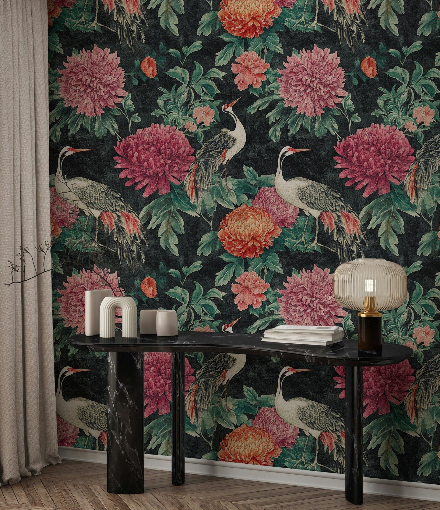 Elegant Cranes and Chrysanthemum Wallpaper Botanical Art