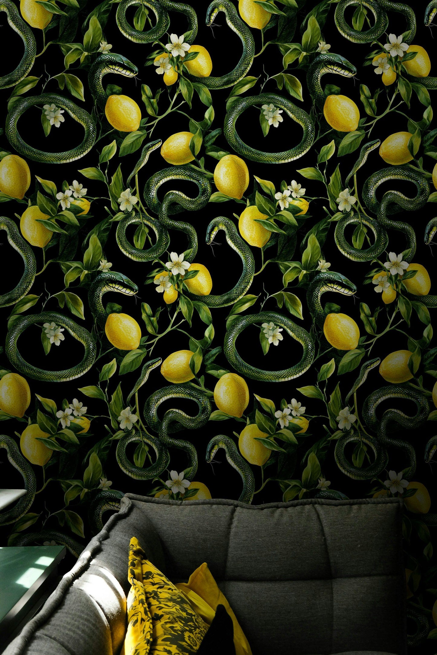 Exotic Snake Wallpaper Botanical Wall Mural Lemon Pattern