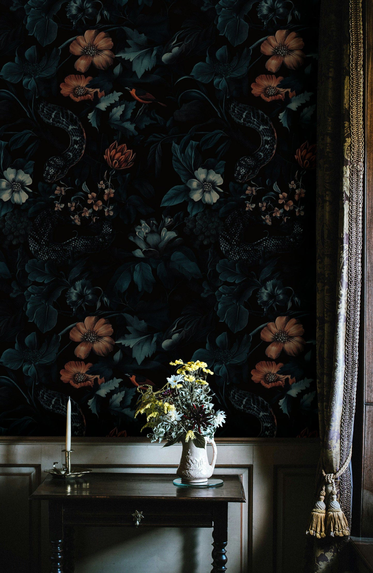 Moody Exotic Floral and Snake Wallpaper Dark Botanical