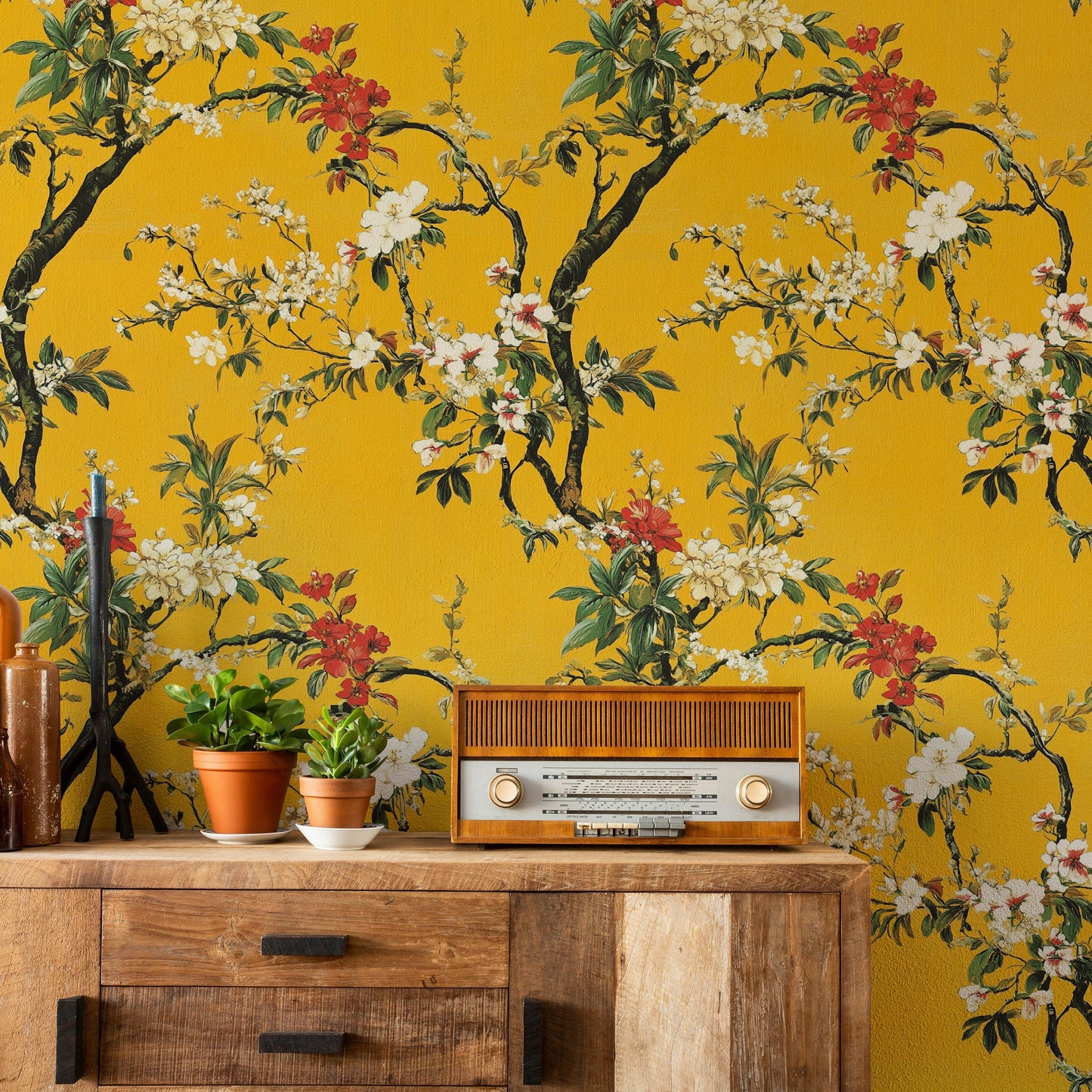 Yellow Floral Wallpaper Asian Botanical Wall Mural