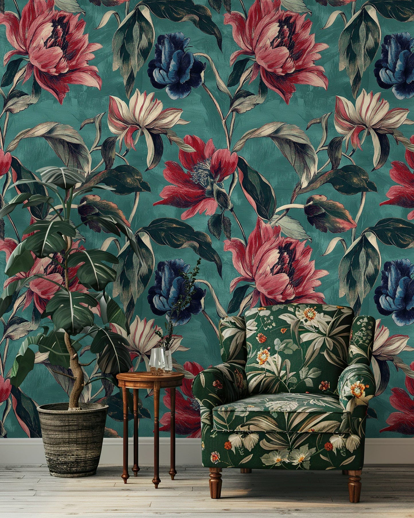 Bold Botanical Wallpaper Vibrant Red and Blue Floral Mural