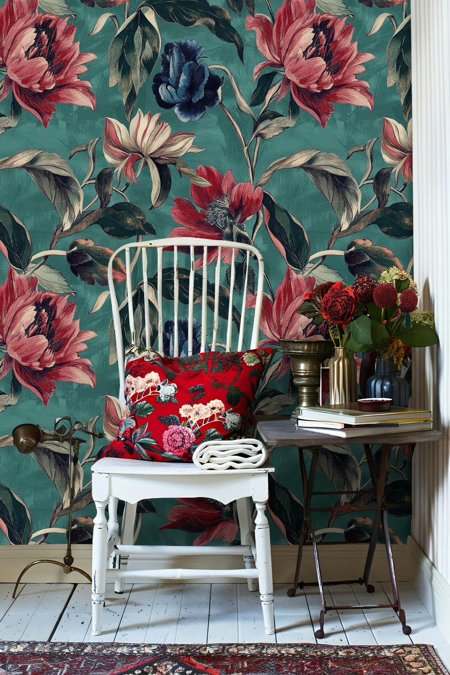 Bold Botanical Wallpaper Vibrant Red and Blue Floral Mural