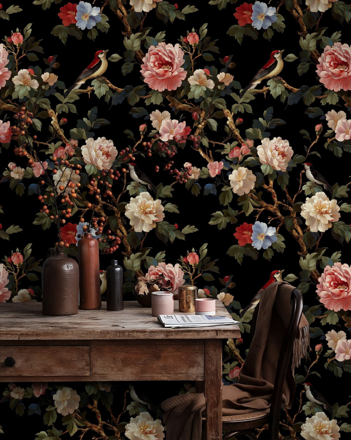 Luxurious Botanical Bird and Flower Wallpaper