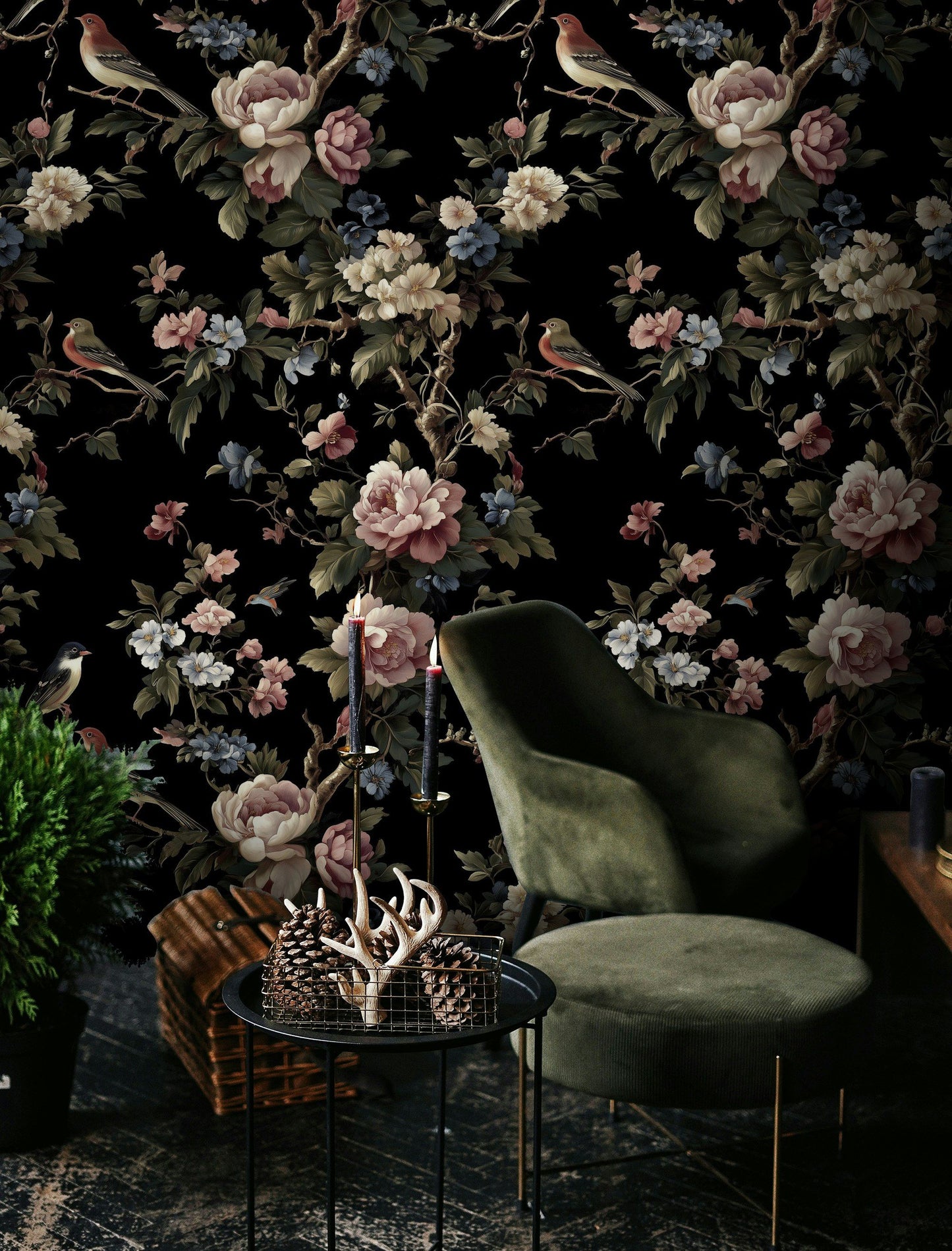 Elegant Floral and Bird Botanical Wallpaper Dark Background