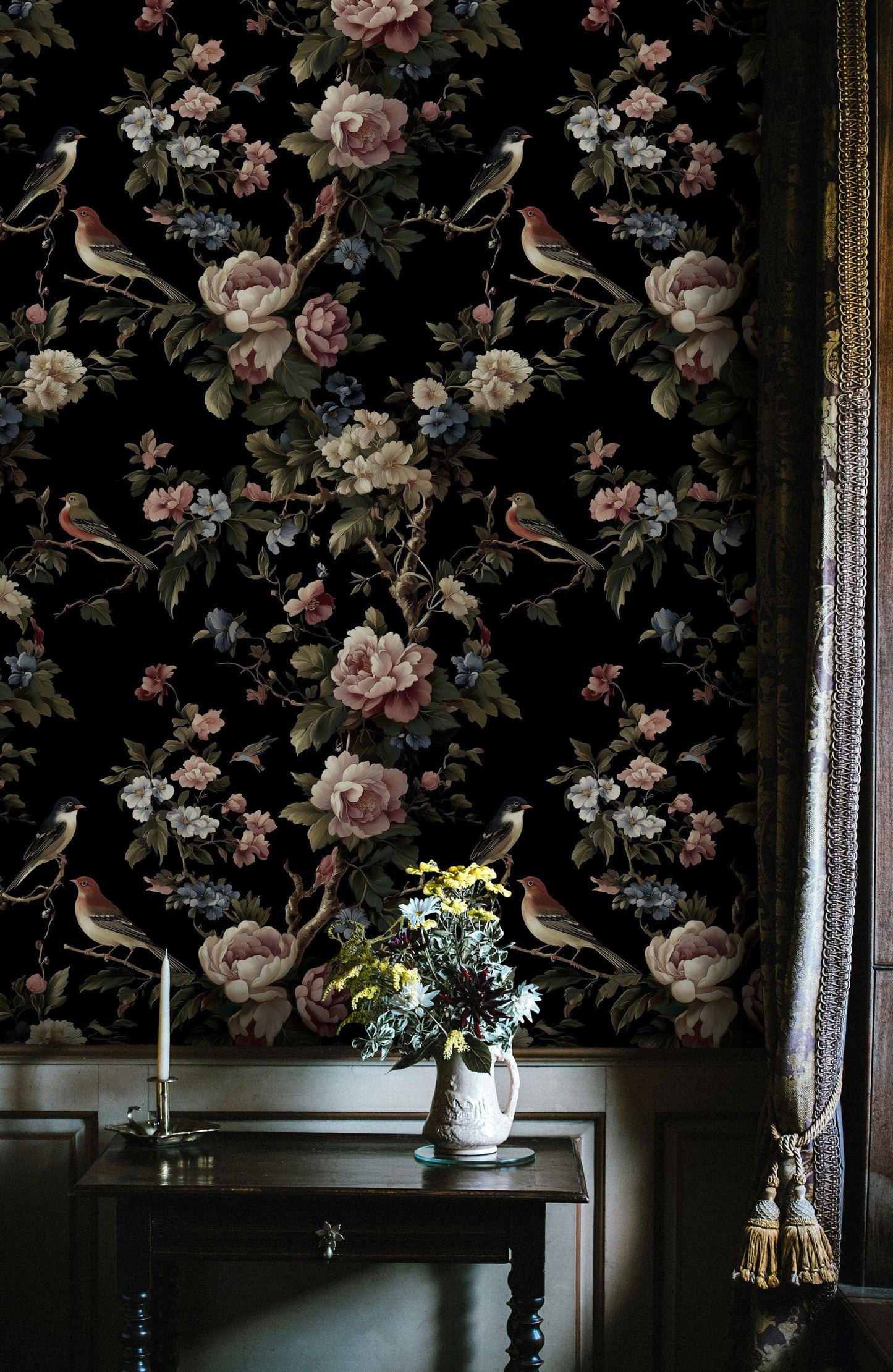 Elegant Floral and Bird Botanical Wallpaper Dark Background