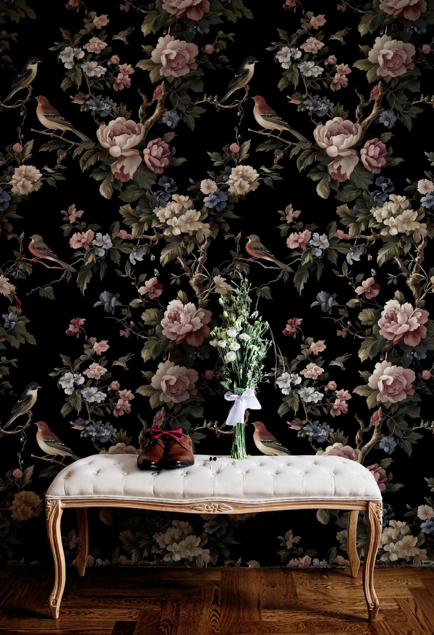 Elegant Floral and Bird Botanical Wallpaper Dark Background