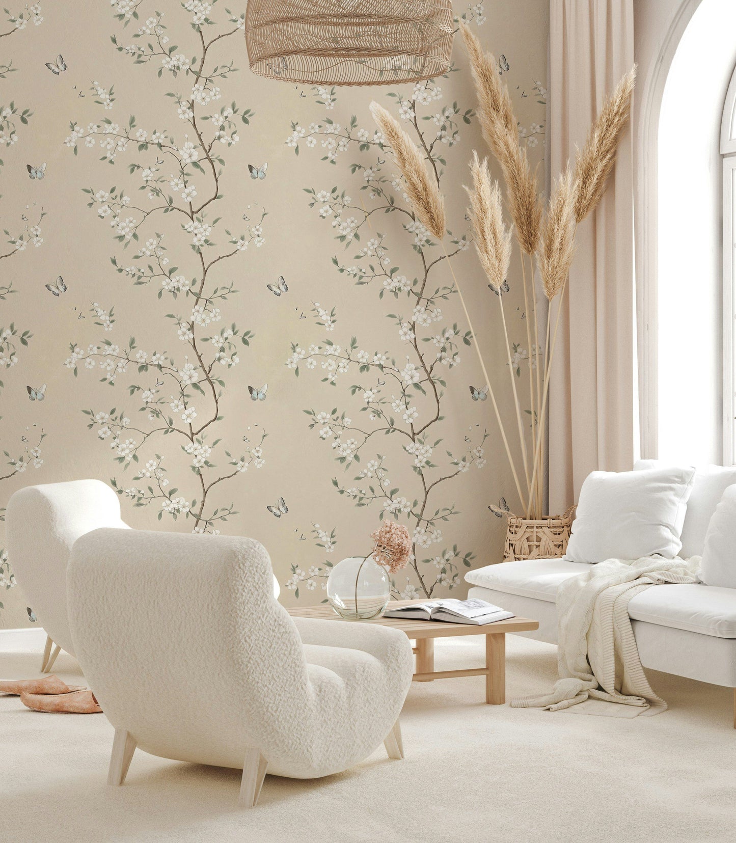 Delicate Floral Wallpaper with Butterflies Blossom Design