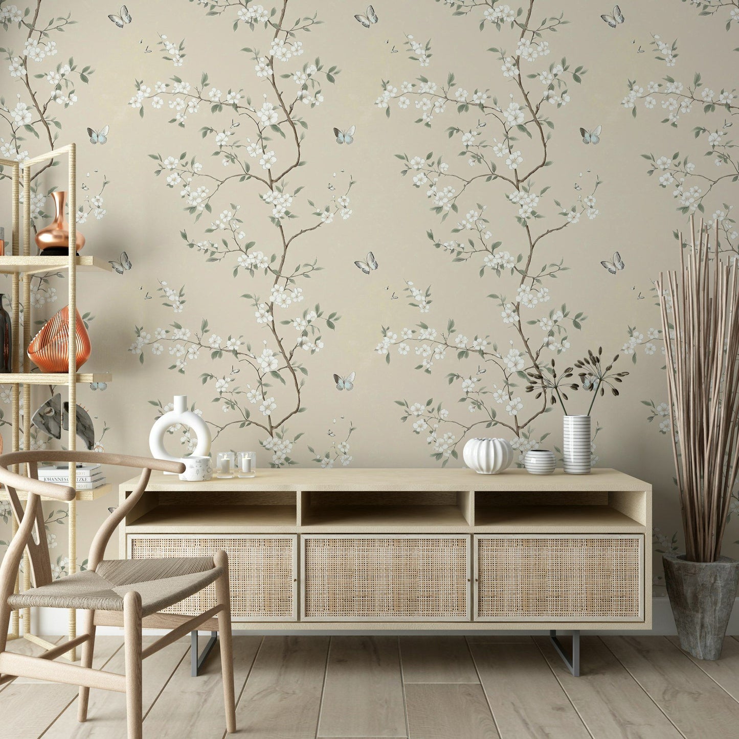 Delicate Floral Wallpaper with Butterflies Blossom Design