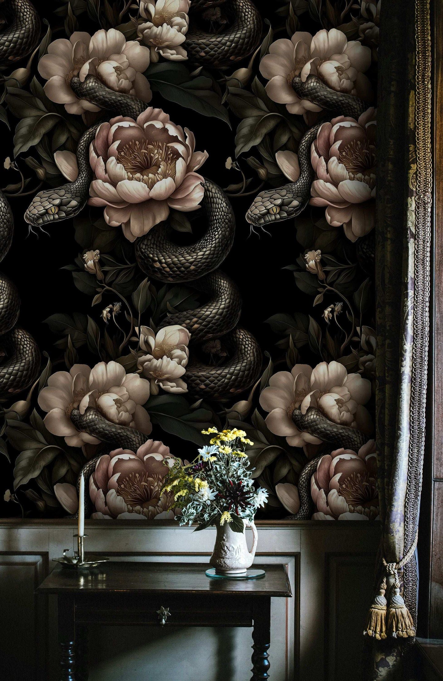 Dark Botanical Wallpaper with Serpentine Design Floral and Snake Motif Gothic Peony Flowers