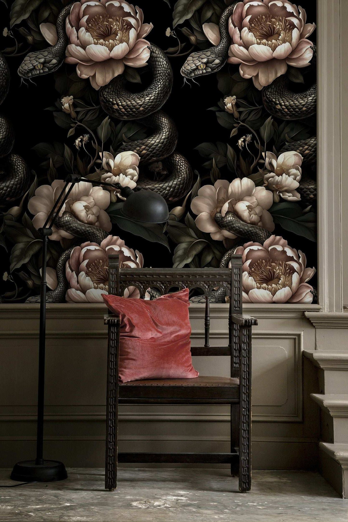 Dark Botanical Wallpaper with Serpentine Design Floral and Snake Motif Gothic Peony Flowers