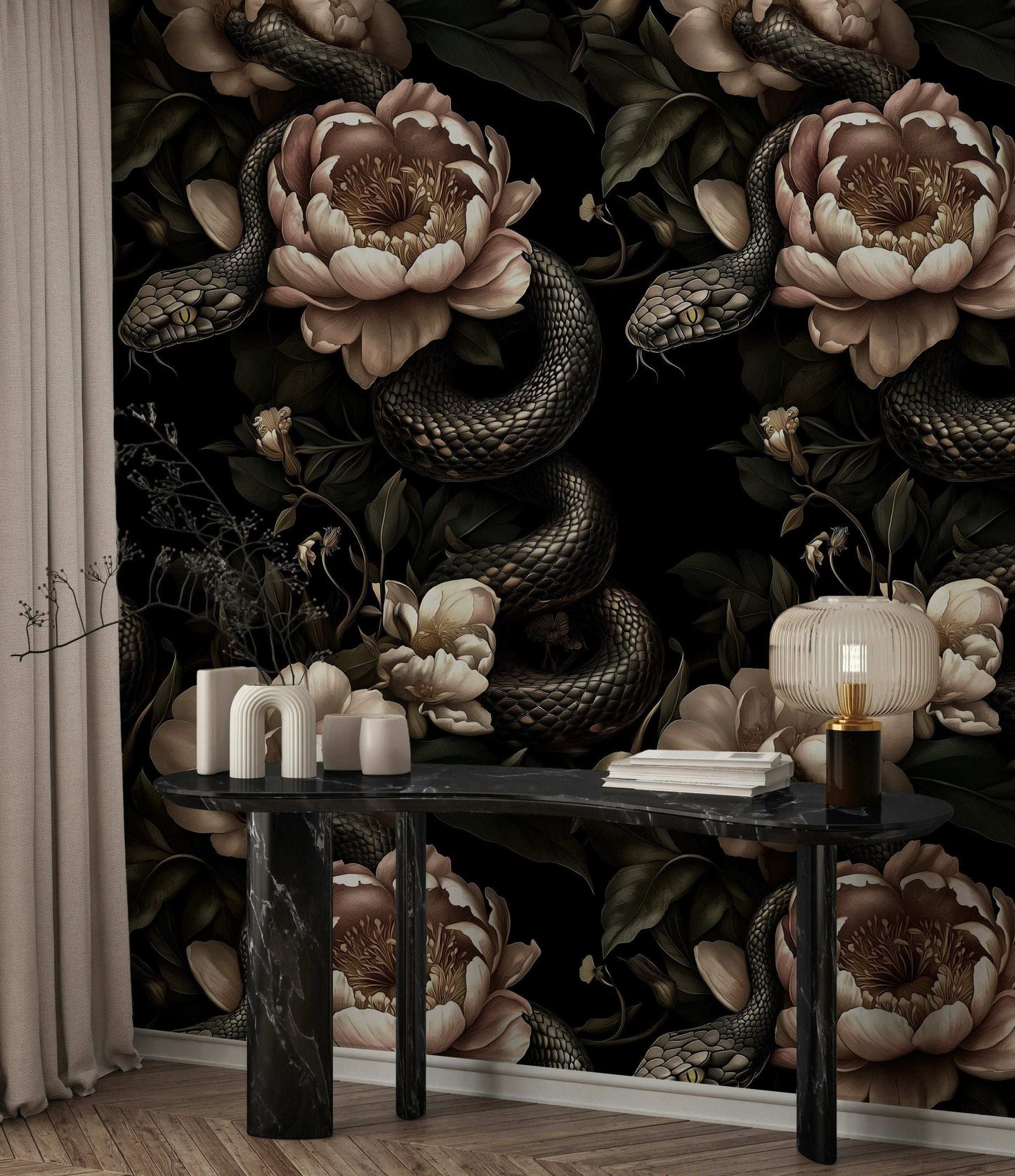 Dark Botanical Wallpaper with Serpentine Design Floral and Snake Motif Gothic Peony Flowers