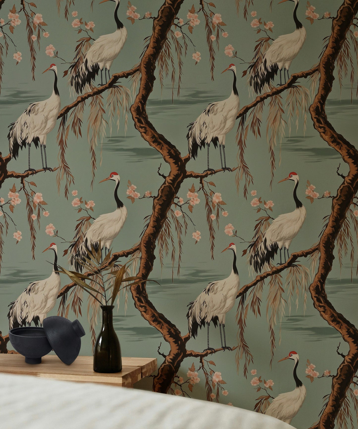 Crane and Cherry Blossom Wallpaper Asian-Inspired Wall Mural
