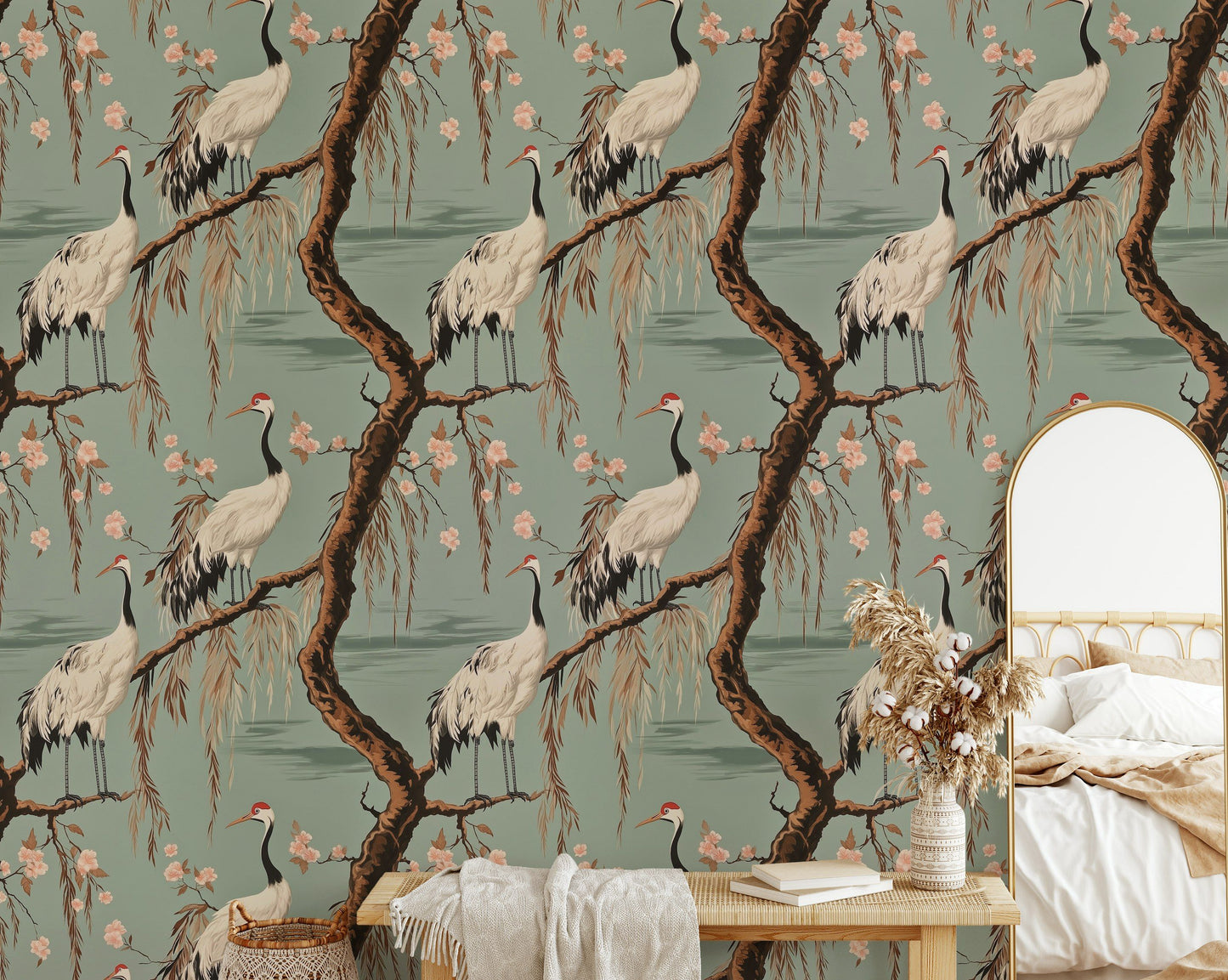 Crane and Cherry Blossom Wallpaper Asian-Inspired Wall Mural